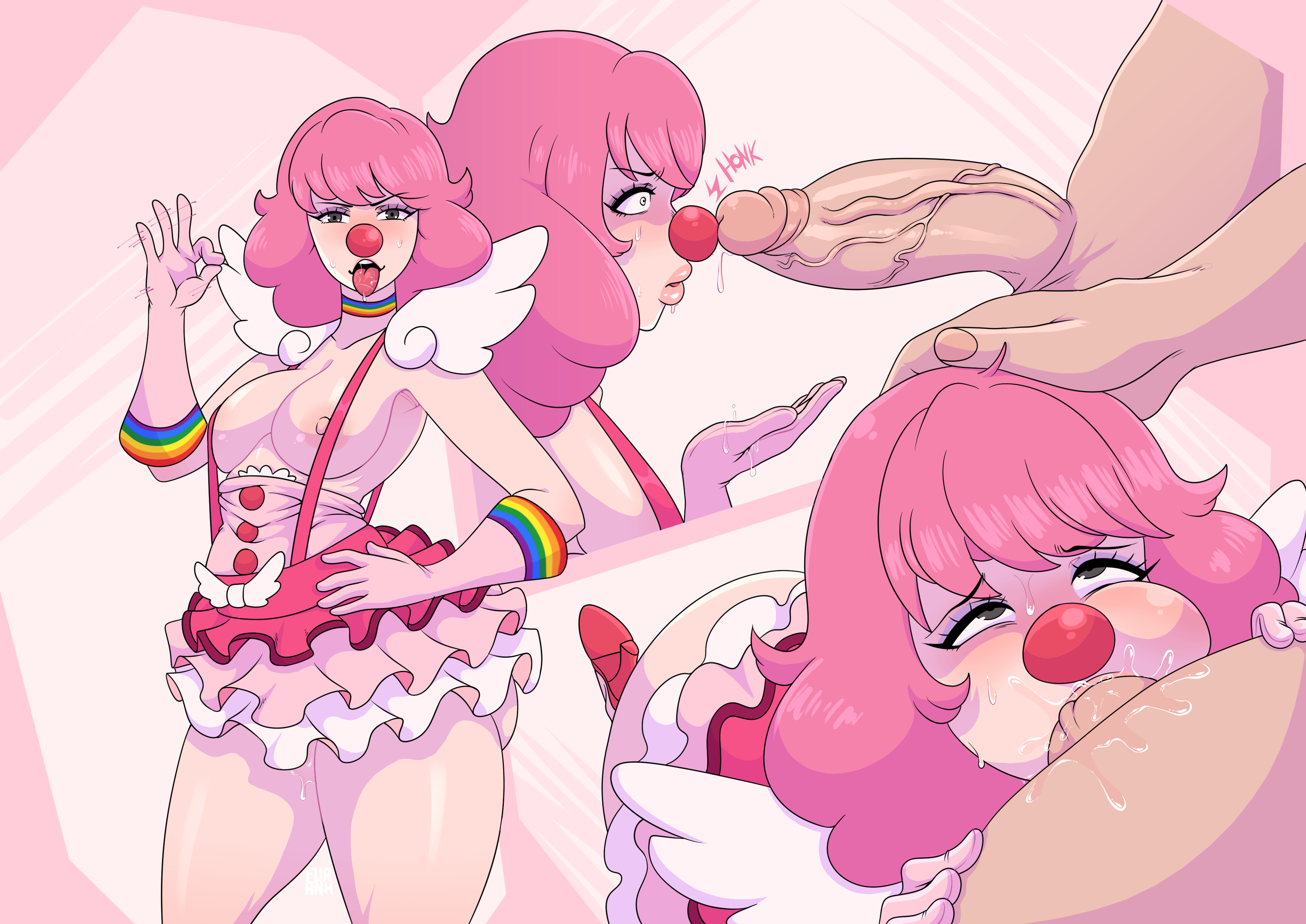 1boy, 1girls, absurd res, ass, big breasts, big penis, blowjob, blowjob gesture, breasts, deep penetration, fellatio, female, female focus, furanh, geiru toneido, gloves, gyakuten saiban, hand on head, hi res, high heels, makeup, male, miniskirt, no text version, oral, penis, pink hair, skirt, textless, thick thighs, thighs, veiny penis