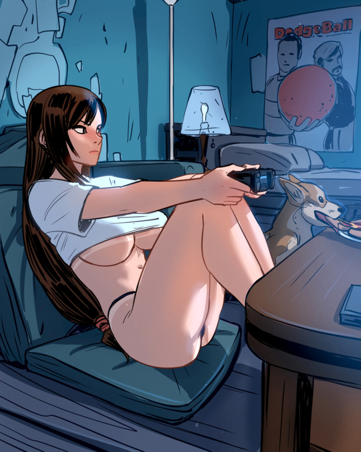 1girls, 1other, ass, big breasts, crop top, davecavedraws, dog, final fantasy, final fantasy vii, pizza, questionable, sitting, square enix, tan skin, thong, tifa lockhart, underboob, video game controller