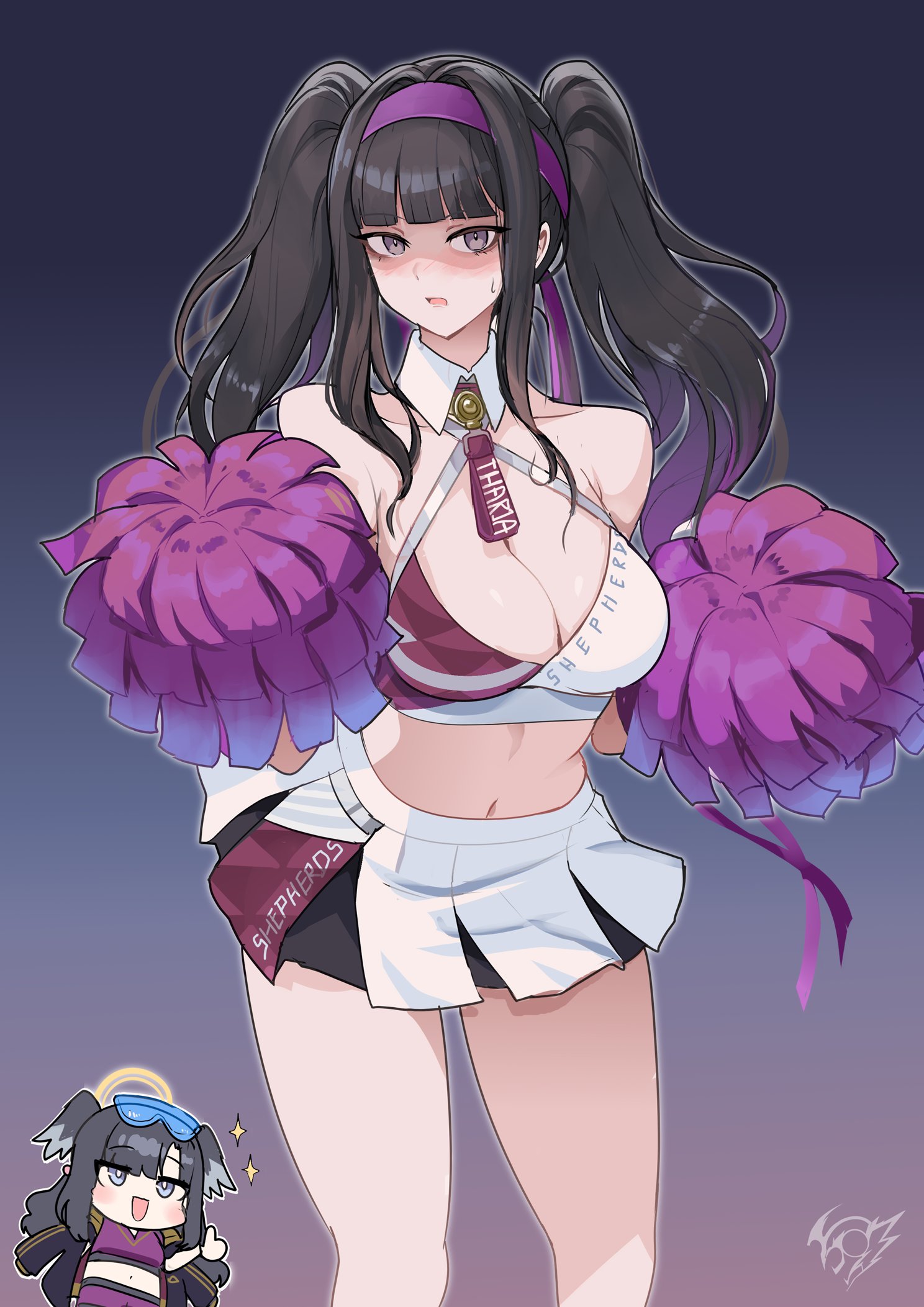black hair, cheerleader, cheerleader outfit, cheerleader uniform, cleavage, clothed, female, female only, fire emblem, fire emblem awakening, fire emblem heroes, light skin, light-skinned female, midriff, miniskirt, nintendo, revolverwingstudios, skirt, tharja (fire emblem), twintails