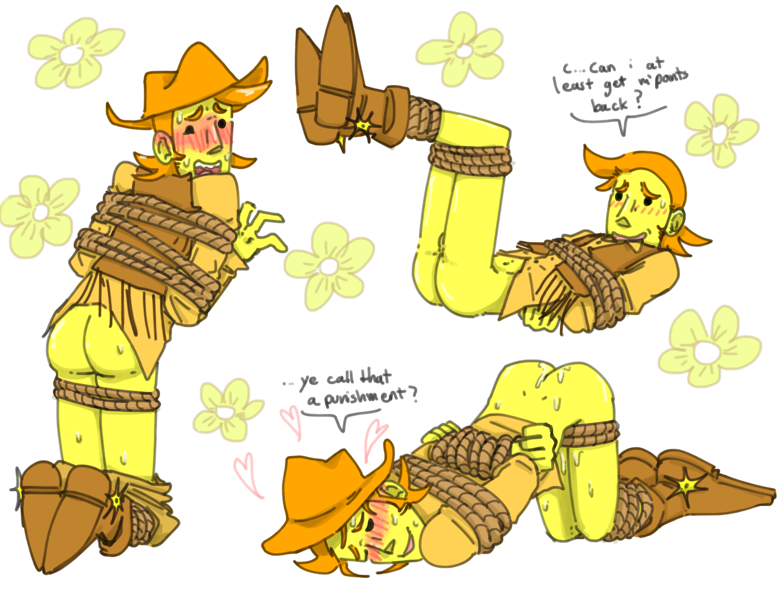 ass, ass up, bare ass, blushing, bondage, bound, bound arms, bound legs, cowboy, deltarune, deltarune chapter 5, dialogue, embarassed male, embarrassed, face down ass up, flanfairy, flowers, hearts around head, looking at viewer, looking back, male, male only, pants down, partially clothed, post-sex, pre-sex, restrained, restrained arms, restrained legs, restraints, rope, skinny, skinny male, stuttering, sweaty, tied, tied arms, tied legs, tied up, white background, yellow (deltarune)