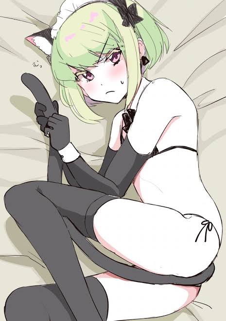 1boy, 1femboy, androgynous, angry expression, angry face, annoyed expression, bikini, bikini bottom, bikini top, black legwear, blush, blushing, blushing female, bob cut, cat boy, cat ears, cat tail, catboy, crossdressing, embarrassed, fake animal ears, fake tail, femboy, femboy only, feminine faced male, feminine male, lio fotia, looking at viewer, maid, maid bikini, maid headdress, nervous, on bed, petite, petite body, petite male, pov, promare, short hair, short male, shy, slim, slim male, slim waist, solo, stockings, thighhighs, thin waist, tsundere, twink