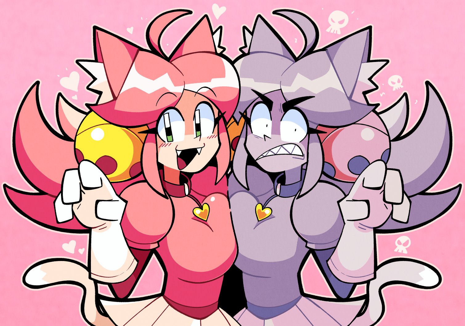 angry, boobs, boobs pressed, breast press, breasts, breasts pressed against partner, breasts pressed together, cat ears, cat girl, catgirl, clothed, deltarune, happy, hearts, hearts around body, irritable ghost (deltarune), mad mew mew, mew mew (undertale), nice tits, pink (deltarune), pressed against, scottfalco (artist), selfcest, tits, titties, undertale, undertale (series)