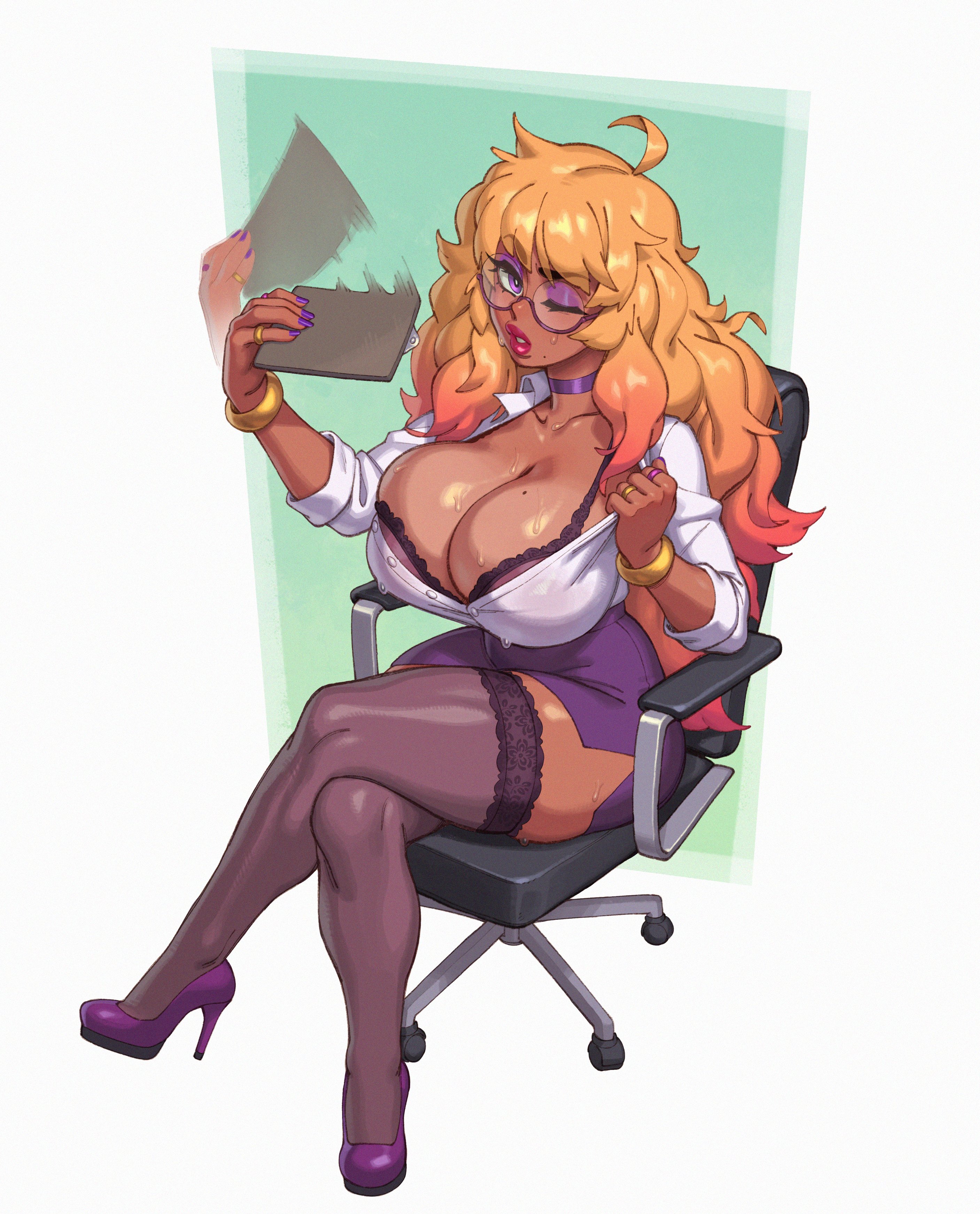 1girls, 2022, big breasts, blonde female, blonde hair, blouse, bra, breasts, brown skin, choker, cleavage, commission, dark skin, dark-skinned female, eyelashes, eyeliner, eyeshadow, fanning self, female, female only, glasses, gwyn (sait0moriyama), heels, high heels, hips, huge breasts, lingerie, lipstick, long hair, makeup, mole, nail polish, office lady, one eye closed, original, original character, rizdraws, shirt, skirt, slim waist, stockings, sweat, sweaty body, thick lips, thick thighs, thighhighs, thighs, wide hips