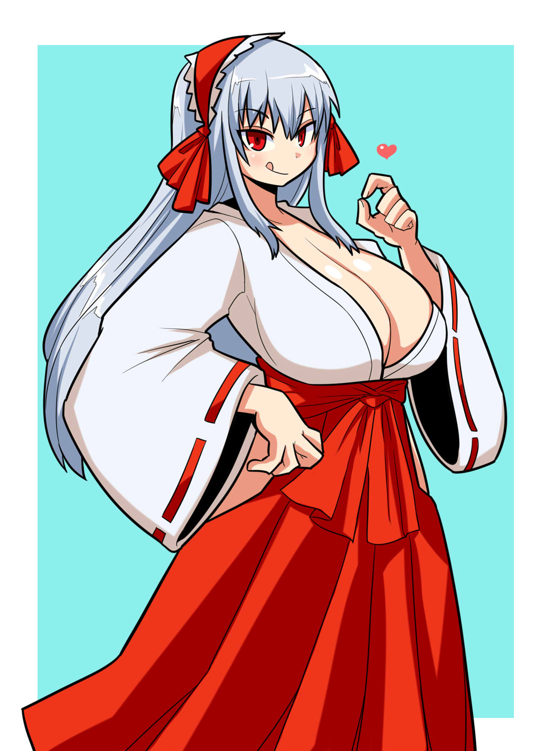 alternate_costume cleavage female hakama huge_breasts itini-sanshi japanese_clothes long_hair miko red_eyes rozen_maiden shrine_maiden silver_hair suigintou tagme