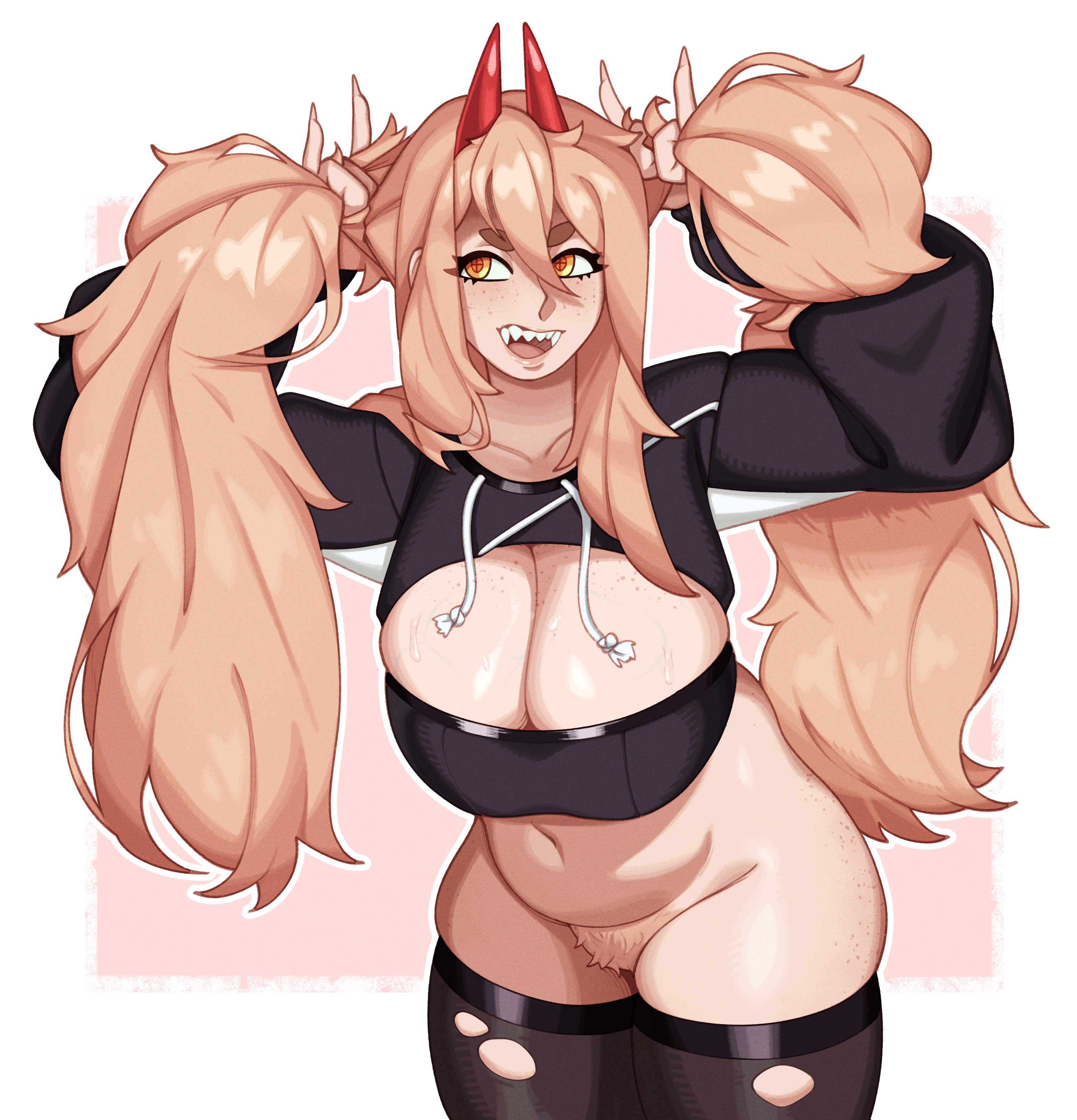 1girls, belly, big boobs, big breasts, big tits, blonde hair, boobs, breasts, bunching hair, busty, chainsaw man, child bearing hips, chubby, cleavage, cleavage cutout, daytenya, female, female focus, female only, freckles, freckles on ass, freckles on breasts, freckles on face, hoodie, horn, horns, large boobs, large breasts, large tits, leaning forward, navel, pigtails, playing with hair, power (chainsaw man), pubes, pubic hair, sharp teeth, smile, thick thighs, thighhighs, thighs, tight clothing, tights, tits, titties, twintails, voluptuous, yellow eyes