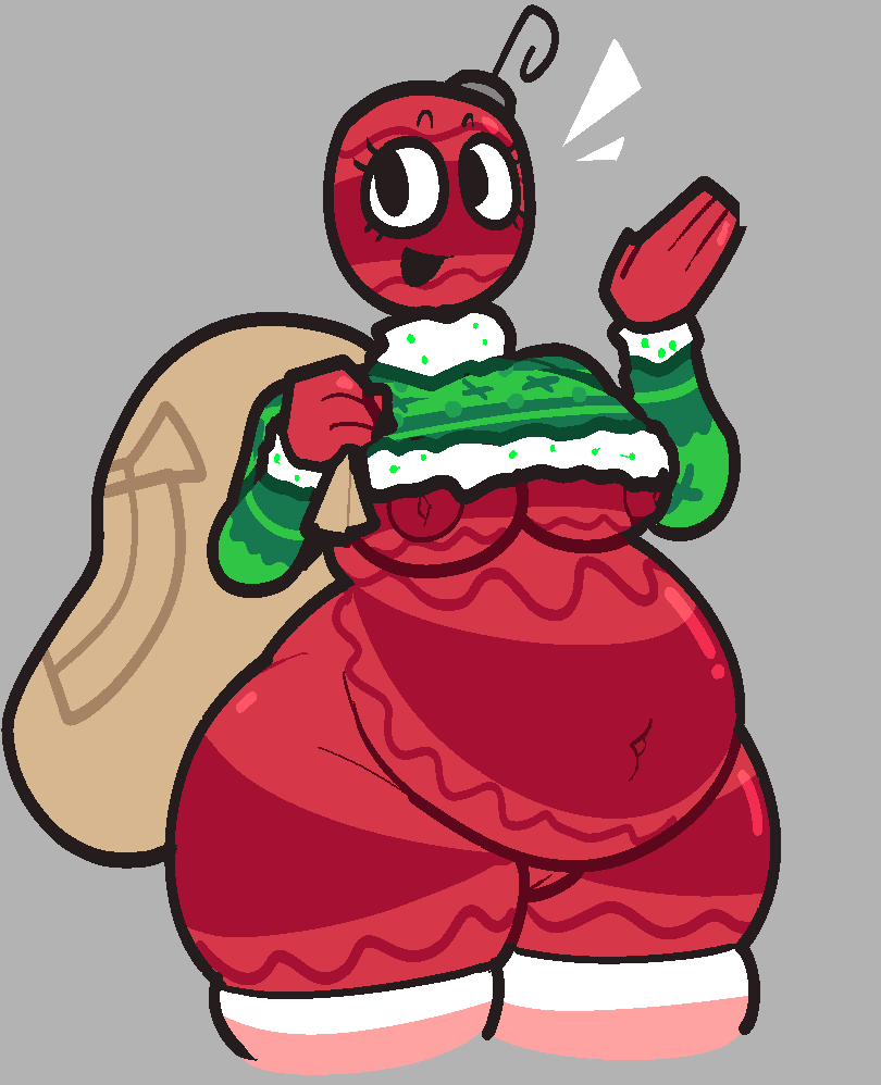 1girls, 2d, 2d (artwork), bobette (dandy's world), boob, briggeybruh, cheerful, christmas ornaments, christmas sweater, color, colored, dandy's world, eyelashes, fat, fat ass, fat female, gift bag, nipples, patterned body, protruding nipples, red body, roblox, roblox game, tagme, thighs, waving, waving at viewer