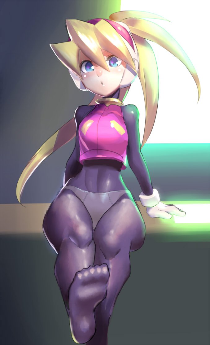 :o arm_support bangs blonde_hair blue_eyes blush breasts capcom ciel_(mega_man) feet female gloves hair_between_eyes head_tilt headgear high_ponytail long_hair looking_at_viewer mega_man mega_man_zero panties_under_bodysuit ponytail sitting skin_tight small_breasts solo spandex ukimukai white_gloves wide_hips