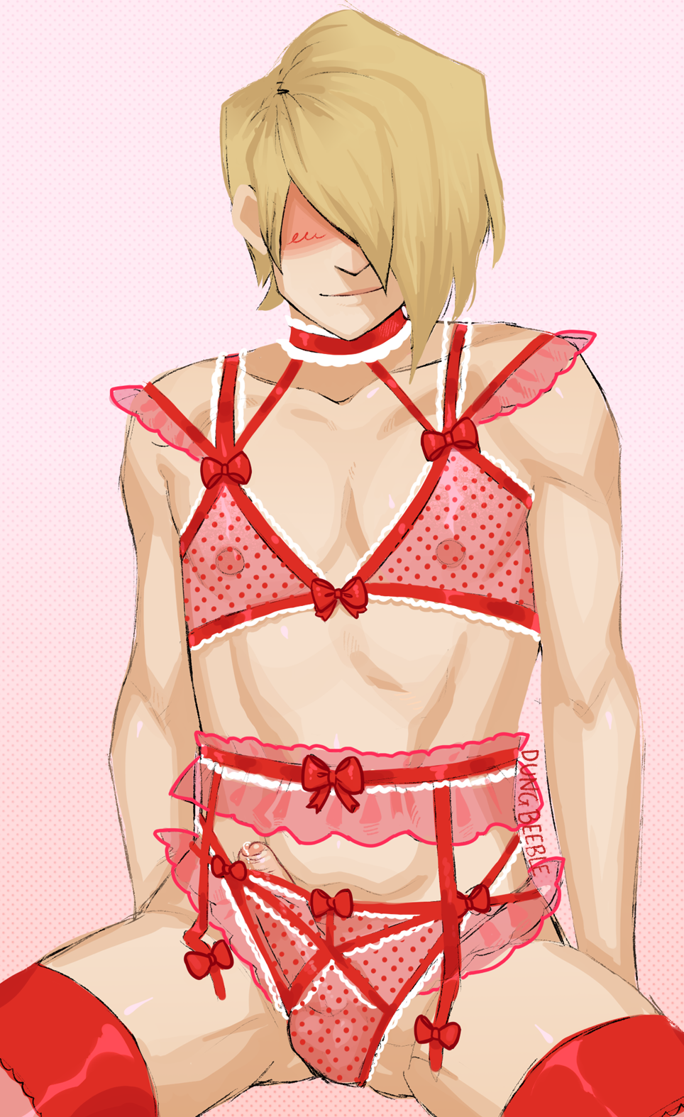 1boy benatar blonde blonde_hair blush blushing dungbeeble_(artist) femboy gay lingerie red_clothes red_clothing smiling solo thong white_body white_skin your_favorite_martian