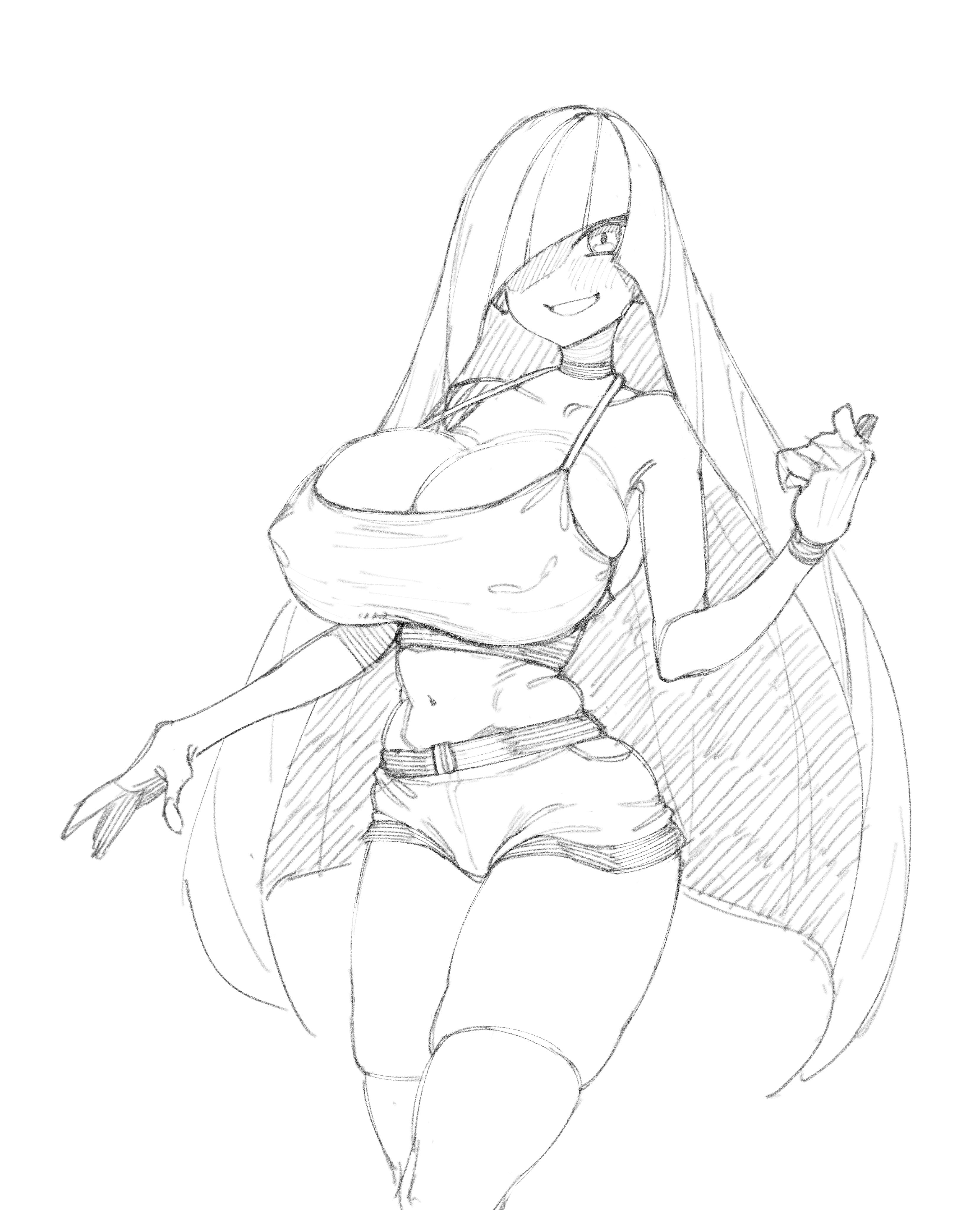 1girls, big breasts, black and white, breasts, bursting breasts, female, female only, game freak, hair, hair over one eye, huge breasts, large breasts, long hair, lusamine (pokemon), makinakid, mature, mature female, milf, monochrome, mother, overflowing breasts, pokemon, pokemon sm, shorts, sketch, smile, solo, solo female, tank top, thick thighs, thighhighs, thighs, topwear