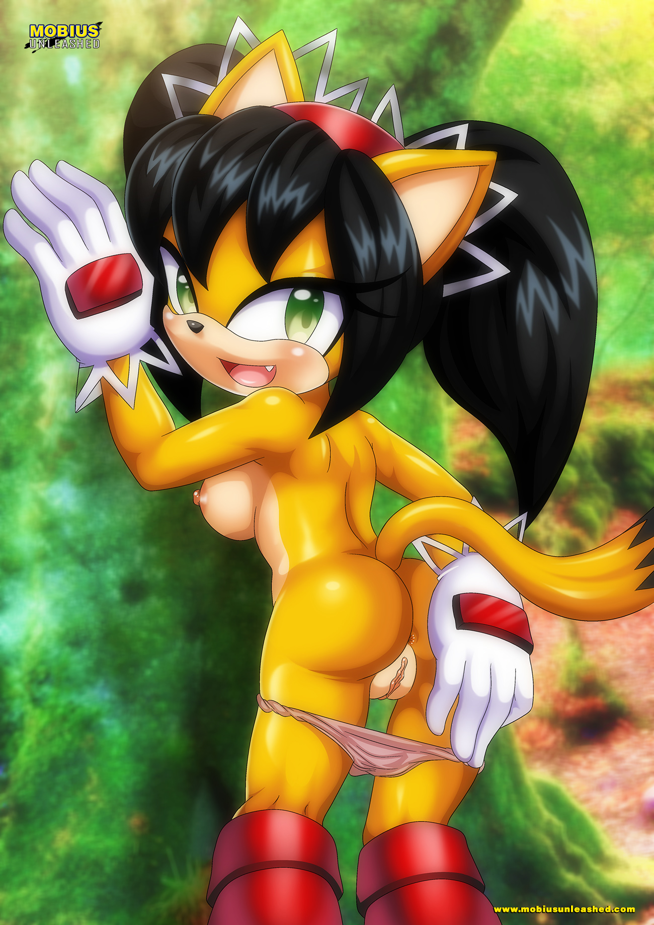 1girls, 5 fingers, anthro, ass, bangs, bbmbbf, black hair, boots, breasts, cat ears, cat girl, cat tail, catgirl, domestic cat, fangs, felid, feline, felis, female, furry, gloves, green eyes, hair accessory, hairband, headband, honey the cat, long hair, looking at viewer, looking back, mobius unleashed, nipples, nude, palcomix, panties, panties down, pussy, sega, shoes, sideboob, solo, sonic (series), sonic the fighters, sonic the hedgehog (series), tail, text, twintails, uncensored, underwear, url, yellow body, yellow fur