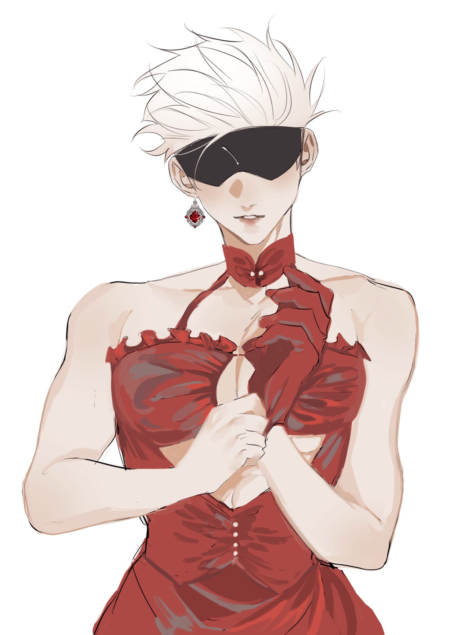 1boy bare_shoulders black_blindfold blindfold cleavage_cutout clothing_cutout crossdressing dress earrings femboy feminine_male feminization gay girly_clothing gloves jewelry jujutsu_kaisen lips male male_focus moy64904958 muscular muscular_male pectorals red_dress red_gloves satoru_gojo short_hair simple_background single_earring single_glove smile solo turtleneck_dress upper_body white_background white_hair