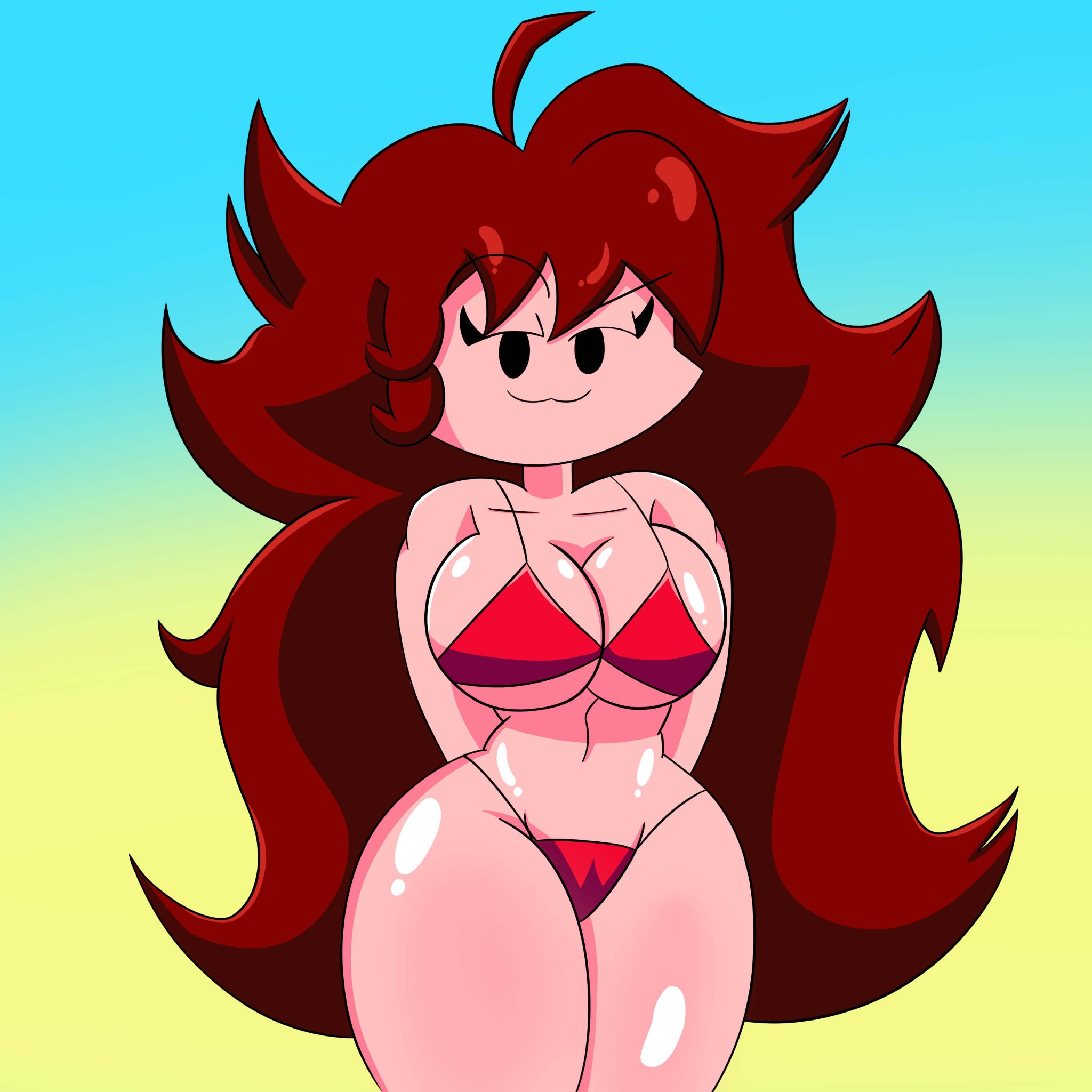 1girls, background, beach, bikini, breasts, eyebrows visible through hair, female, female only, friday night funkin, girlfriend (friday night funkin), large breasts, long hair, looking at viewer, minusbrush, smug, thick thighs, thong