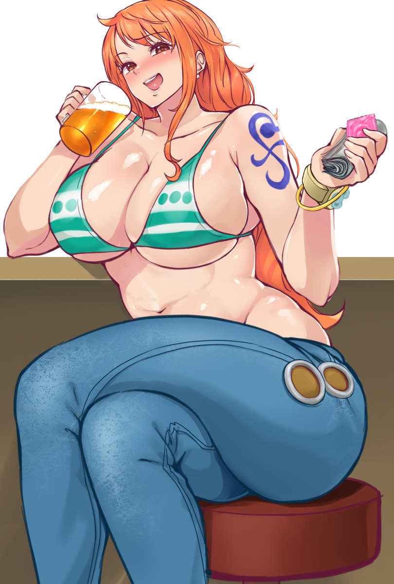 1girls big_breasts bikini bikini_top blush condom drinking female female_only imozuka jeans long_hair looking_at_viewer money nami one_piece orange_hair post-timeskip shounen_jump sitting solo solo_female striped_bikini tattoo thick_thighs