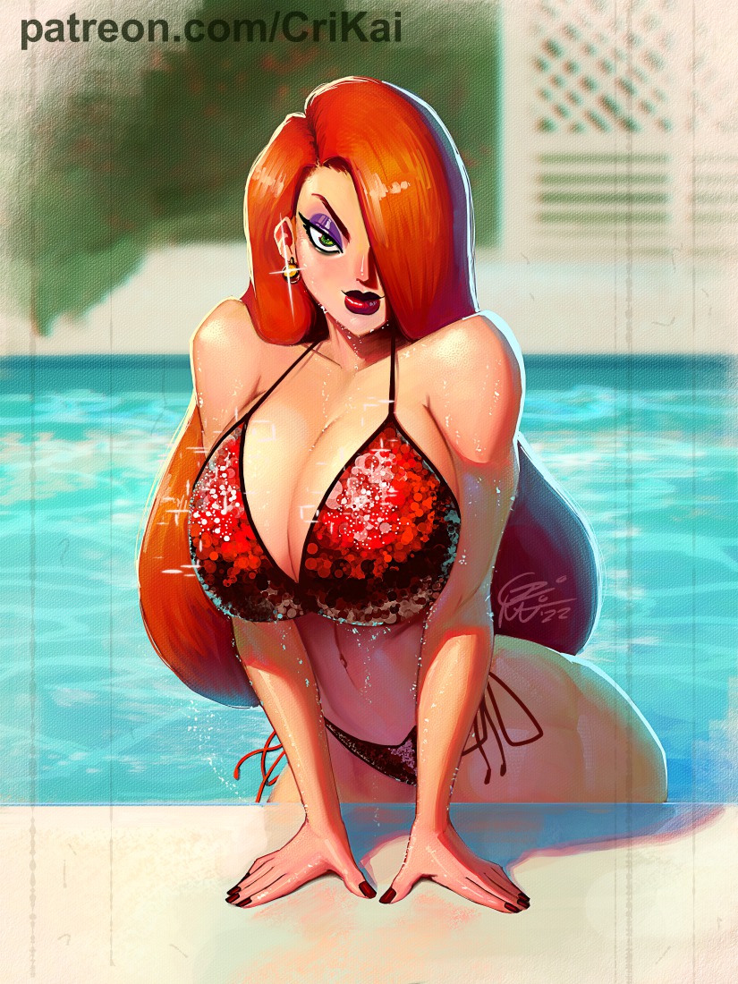 1girls 2022 alternate_version_available artist_signature big_breasts bikini cleavage crimson_kaiserin disney earrings eyeshadow female female_only getting_out_of_pool green_eyes hair_over_one_eye hips jessica_rabbit lipstick long_hair long_red_hair looking_at_viewer mature mature_female mature_woman nail_polish patreon_url pool poolside purple_eyeshadow red_hair red_lipstick red_nail_polish red_nails solo solo_female standing_in_water who_framed_roger_rabbit wide_hips