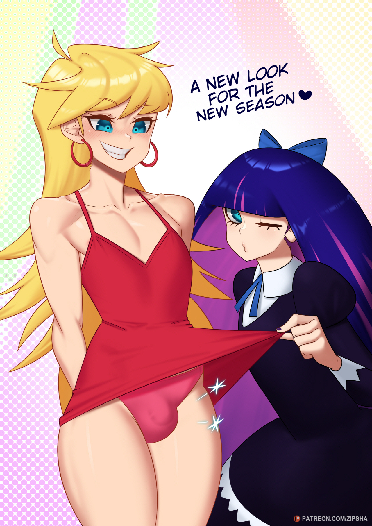 2boys, balls, blonde hair, blue eyes, blue hair, bulge, crossdressing, dress, earrings, english text, eye contact, eyebrows, femboy, feminine male, genderswap, genderswap (ftm), girly, goth, hoop earrings, lifting clothing, long hair, looking at viewer, male, male panty, male stocking, male with painted nails, panties, panty & stocking with garterbelt, panty anarchy, penis, pink hair, rule 63, small penis, smile, standing, stocking anarchy, stocks, text, two-tone hair, upskirt, wink, yaoi, zipsha