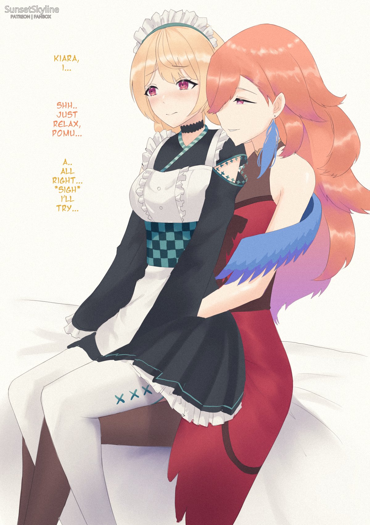 2girls, blonde hair, blush, choker, crossover, dress, fairy, female, fingering, fingering partner, fingering through clothes, fingering through panties, hololive, hololive english, hololive myth, maid, maid headdress, maid uniform, nijisanji, nijisanji en, orange hair, pomu rainpuff, sex, sunset skyline, sunsetskyline, takanashi kiara, takanashi kiara (3rd costume), thighhighs, under clothes, virtual youtuber, vtuber, yuri