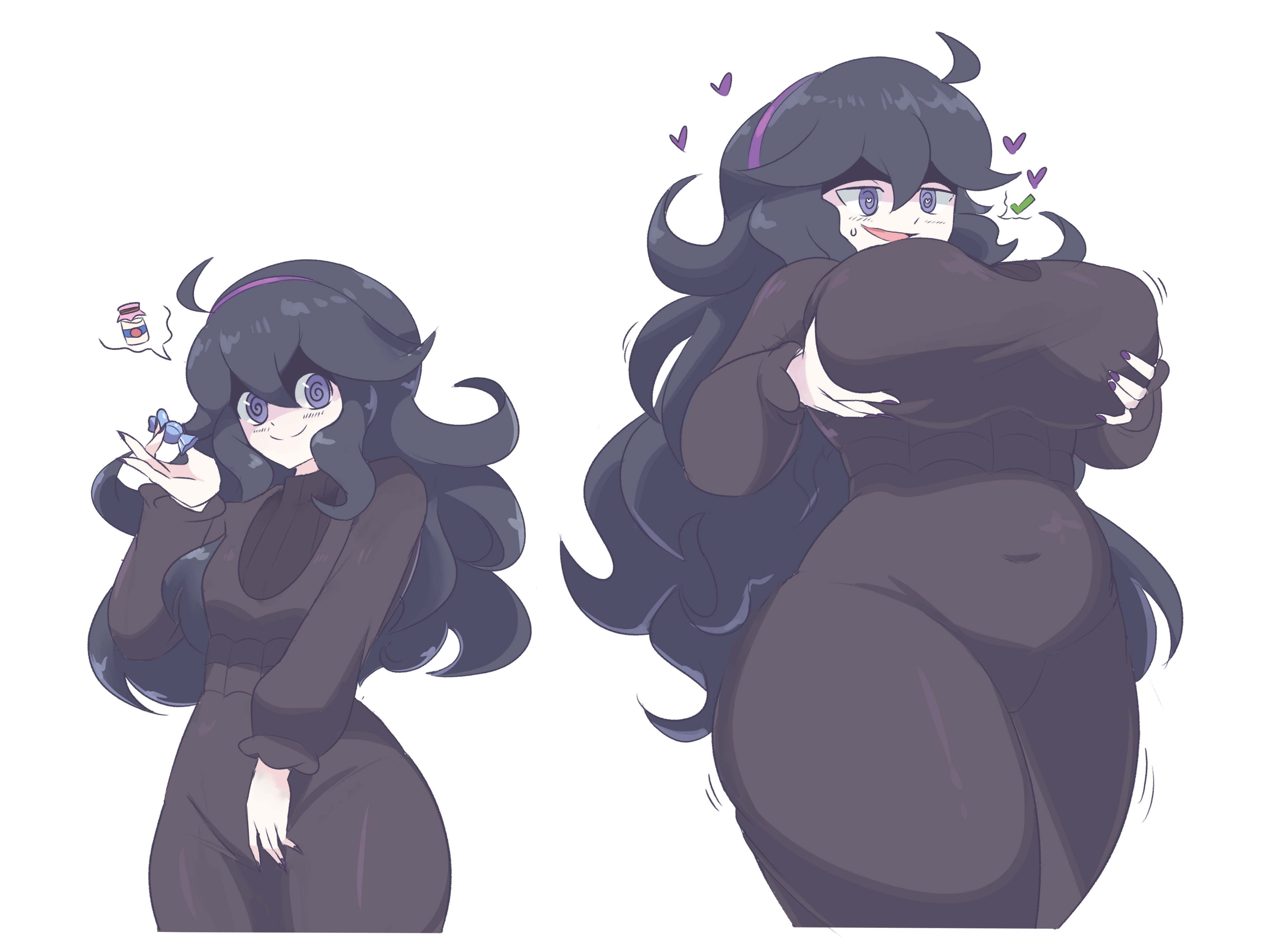 big breasts, body transformation, breast expansion, breast growth, breast growth (enlargement), breast hold, breasts, emmarrgus, female, figure transformation, hex maniac, hourglass figure, motion lines, pokemon, sequence, slightly chubby, thick thighs, thigh expansion, transformation