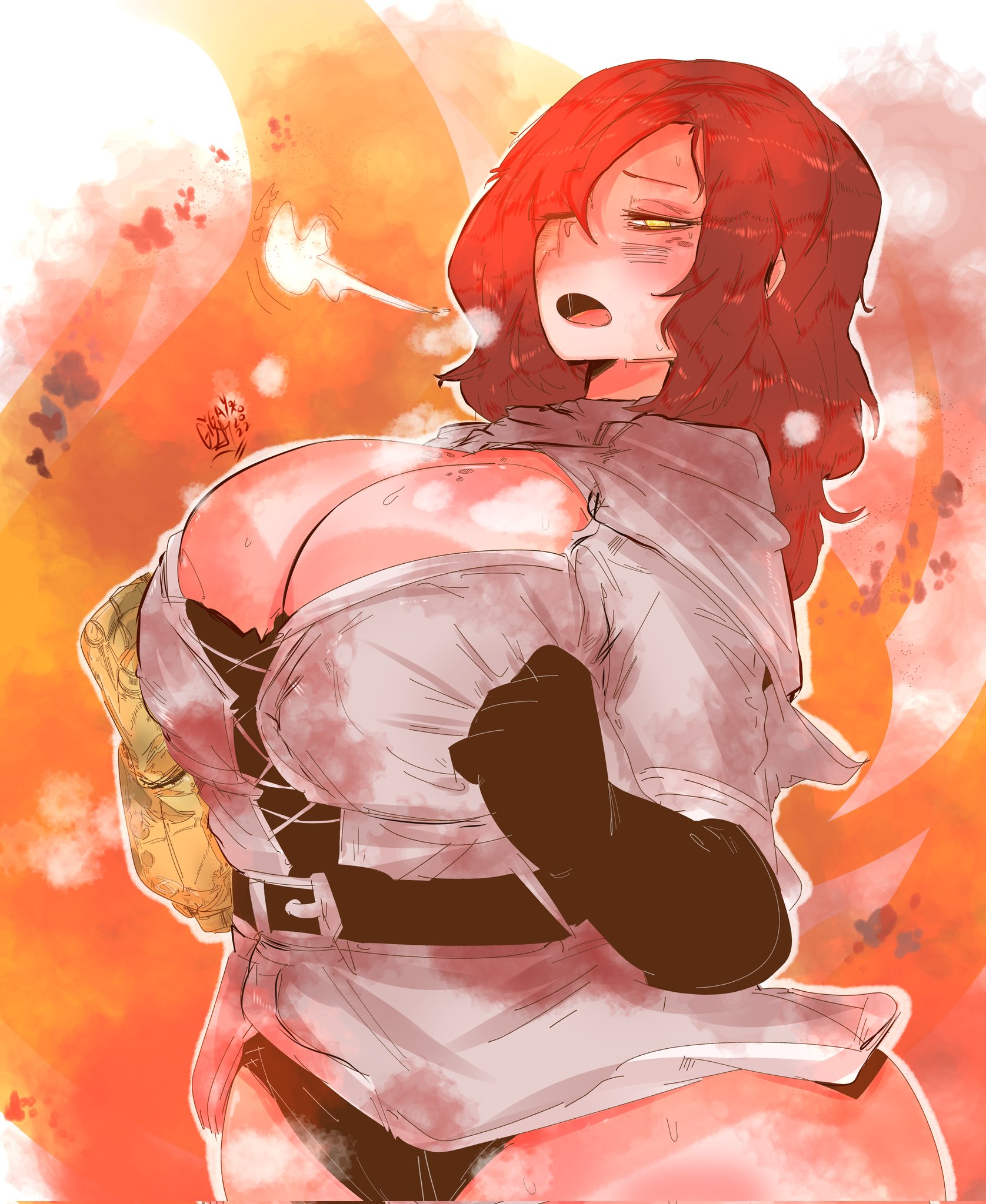 1girls, areolae, bangs, bangs over eyes, belt, big areola, big breasts, breasts, chubby, chubby female, clothed, clothed female, elden ring, female, female focus, female only, fromsoftware, gigajunyt, gloves, gold eyes, half-closed eyes, heavy breathing, huge breasts, millicent (elden ring), open mouth, red hair, redhead, ripped clothing, solo, solo female, solo focus, steamy breath, sweating, thick thighs, yoko jane