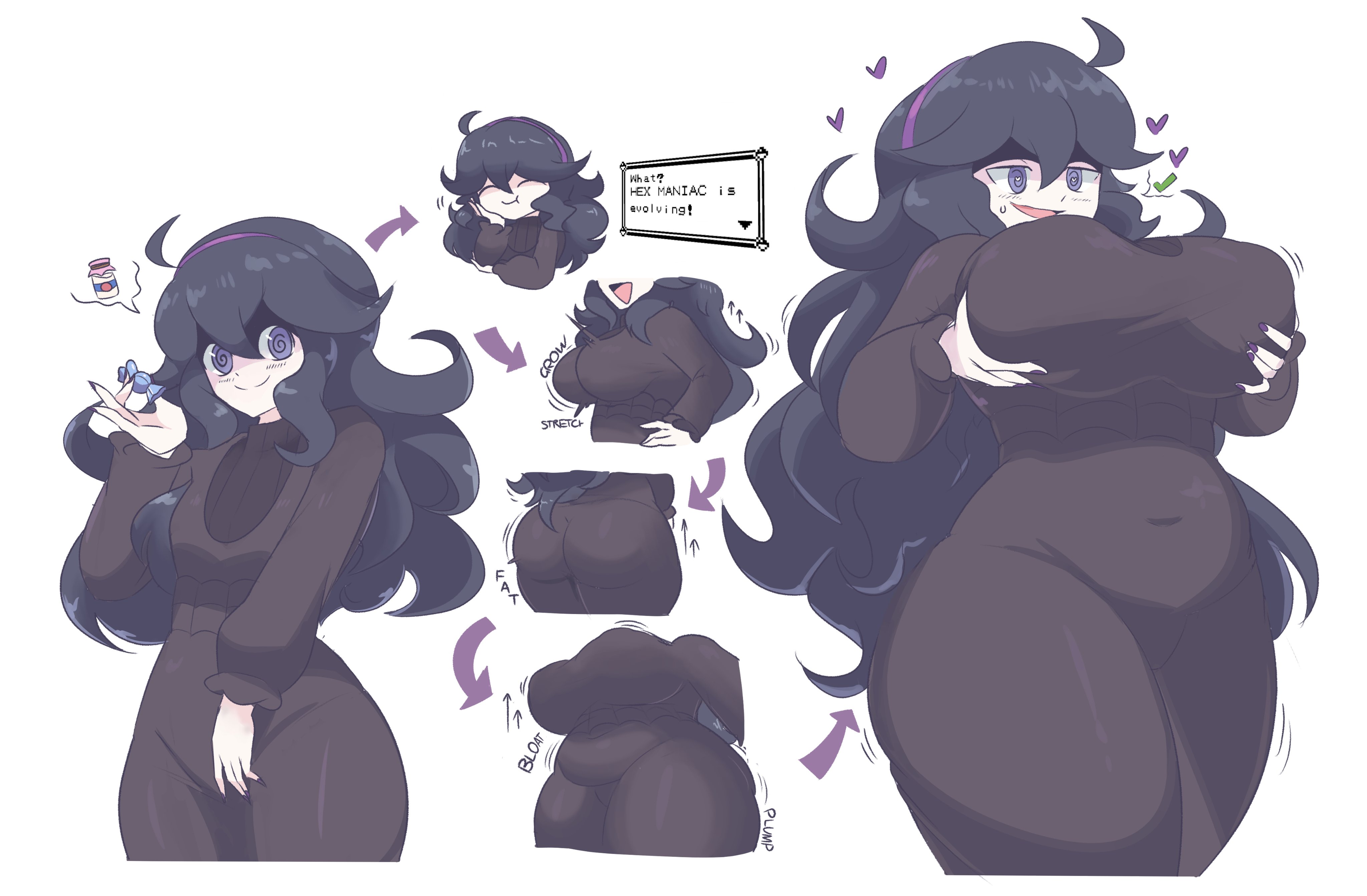 alternate breast size, ass, ass expansion, belly expansion, big ass, big breasts, breast expansion, breast growth, breast growth (enlargement), breasts, bubble ass, bubble butt, child bearing hips, chubby, chubby female, emmarrgus, expansion, female, growth, hex maniac, hex maniac (pokemon xy), holding breast, hourglass figure, human, human only, inflation, large breasts, nintendo, plump, pokemon, purple eyes, thick thighs, voluptuous, weight gain