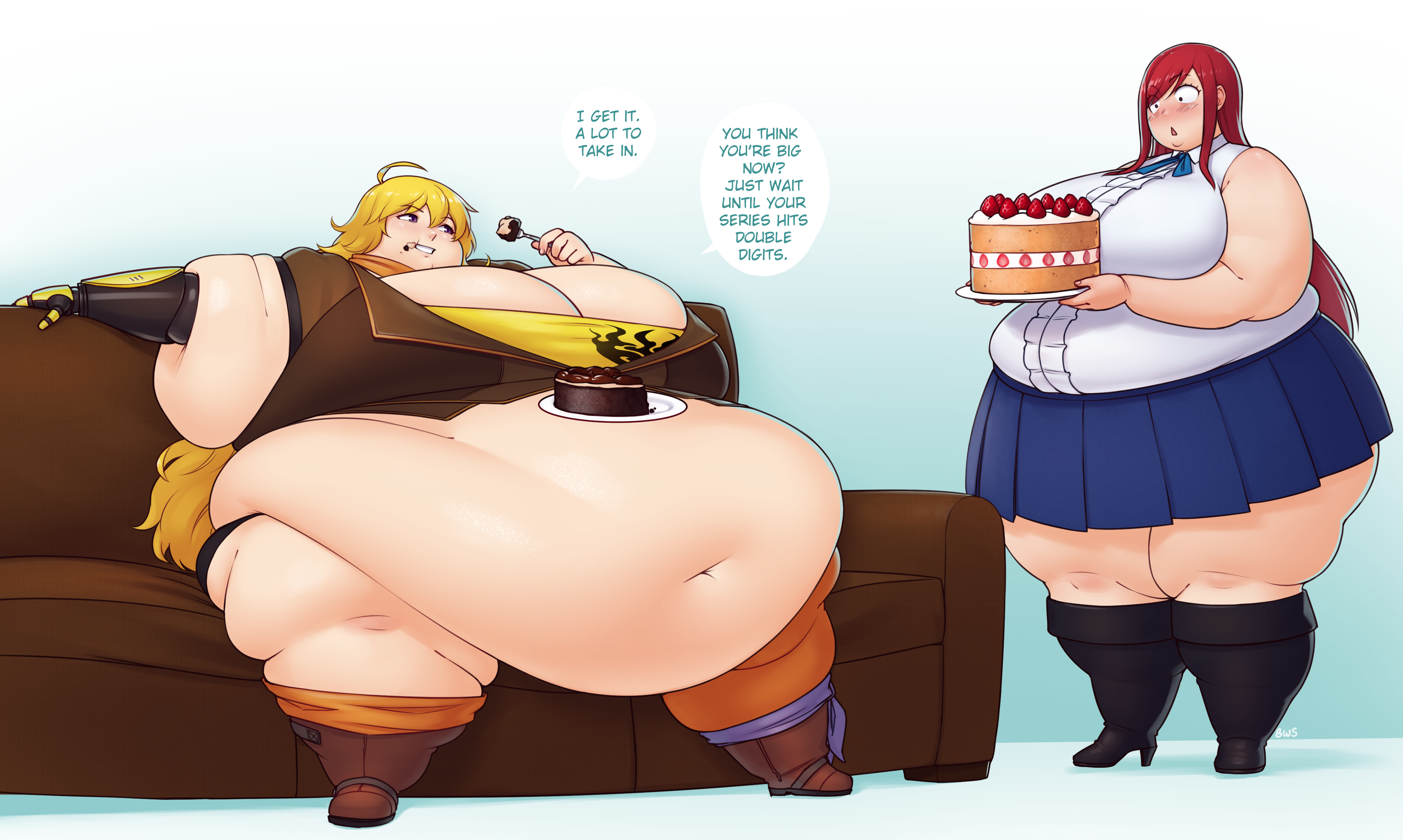 2girls, bangs, better with salt, blonde hair, blush, boots, breasts, cake, cleavage, couch, crossover, earrings, erza scarlet, fairy tail, fat, fat belly, fat female, female, female only, food on face, frills, full body, gigantic breasts, gradient background, grin, high heels, hyper belly, hyper fat, jacket, knee boots, mechanical arm, morbidly obese, morbidly obese female, obese, obese female, pleated skirt, red hair, robotic arm, rwby, scarf, shocked, simple background, sitting, skirt, sleeveless shirt, ssbbw, standing, story at source, surprised, thick thighs, very long hair, weight gain, wide eyed, yang xiao long