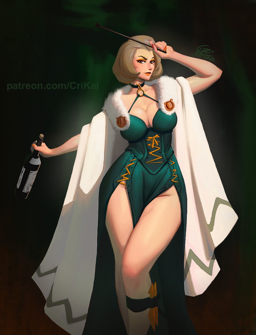 1girls, alcohol, alternate version available, beauty mark, big breasts, bottle, breasts, choker, cleavage, clothing, coat, crimson kaiserin, dress, eyeshadow, female, female only, fire emblem, fire emblem: three houses, fur coat, green dress, hair, huge breasts, legs, light skin, light-skinned female, lips, lipstick, makeup, manuela casagranda, mature, mature female, milf, mole, mole under eye, nail polish, nintendo, orange eyeshadow, orange lips, orange lipstick, orange nails, pointer, short hair, solo, thick lips, thick thighs, thighs, white coat, wine bottle