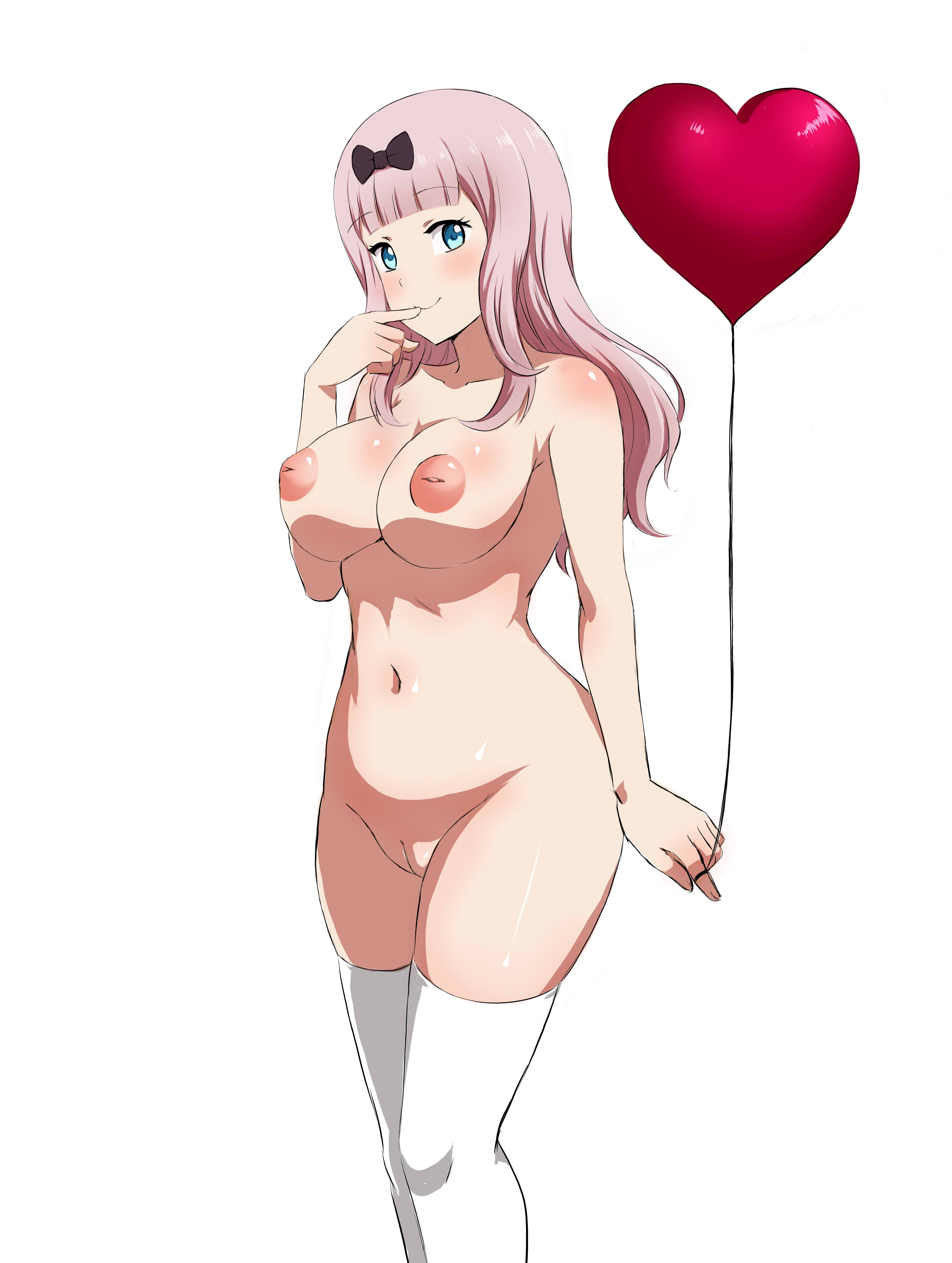 1girls, areolae, big breasts, blue eyes, box wonderland, breasts, busty, eye contact, female, female focus, female only, fujiwara chika, hair ribbon, inverted nipples, kaguya-sama wa kokurasetai ~tensai-tachi no renai zunousen~, large breasts, legwear, long hair, looking at viewer, navel, nipples, pink hair, pussy, smile, solo, solo female, standing, thick thighs, thighhighs, thighs