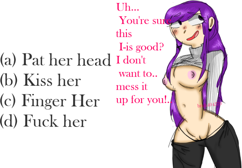 almost_naked almost_nude big_breasts black_text blush bruh494579_(artist) doki_doki_literature_club flustered leggings leggings_down lifted_shirt looking_away looking_away_from_viewer open_mouth options panties_down pink_text purple_hair shirt_lifted sketch text turtleneck turtleneck_sweater yuri_(doki_doki_literature_club)