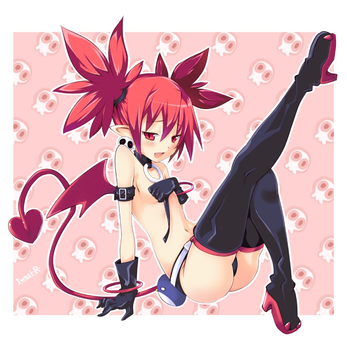 breasts, covering breasts, demon, demon girl, demon tail, demon wings, disgaea, disgaea 1, etna, female, iwasi r, nippon ichi software, skimpy clothes, small breasts, thighhigh boots, thighhighs, undressing