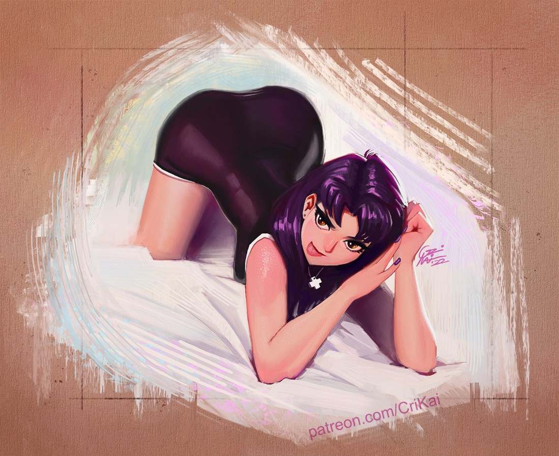 1girls, alternate version available, ass, ass up, bent over, big ass, brown eyes, clothing, crimson kaiserin, dress, female, female only, fully clothed, hair, long hair, mature, mature female, milf, misato katsuragi, necklace, neon genesis evangelion, outfit, purple hair, purple nail polish, purple nails, solo, solo female, thick thighs, thighs, tongue, tongue out, topwear