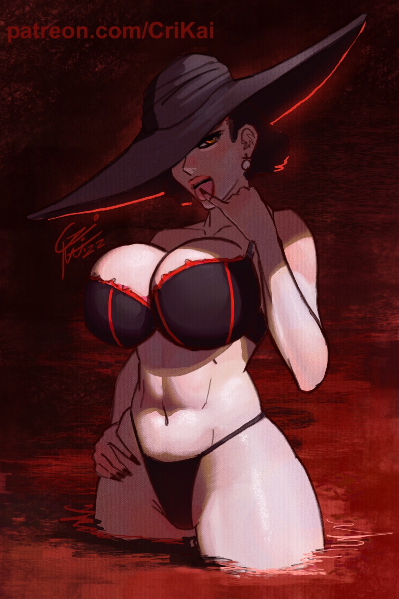 1girls, alcina dimitrescu, alternate version available, areolae, big breasts, black bra, black g-string, black hair, black panties, black thong, black underwear, bottomwear, bra, bra and panties, breasts, capcom, clothing, crimson kaiserin, earrings, female, female only, g-string, hat, headwear, high waisted thong, huge breasts, light skin, light-skinned female, lingerie, lips, mature, mature female, milf, mother, open mouth, panties, resident evil, resident evil 8: village, solo, solo female, sun hat, thick thighs, thighs, thong, thong underwear, tongue, tongue out, topwear, underwear, yellow eyes