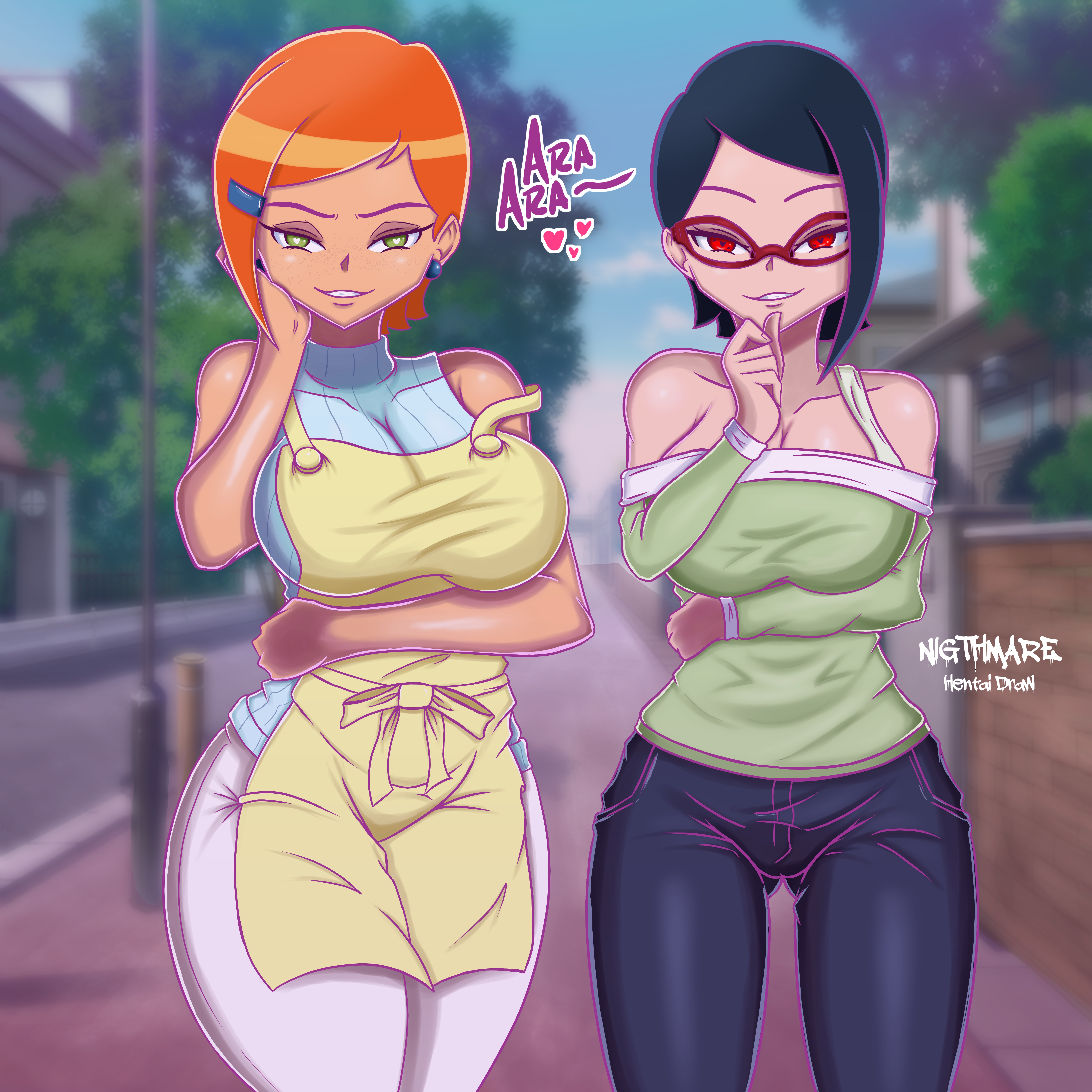 2022, 2girls, absurd res, aged up, apron, ben 10, big breasts, black hair, boruto: naruto next generations, breasts, cartoon network, clothed, clothed female, clothing, crossover, eastern and western character, eye contact, female, female focus, female only, fully clothed, glasses, green eyes, gwen tennyson, heart, highres, huge breasts, looking at viewer, multiple females, multiple girls, naruto, naruto (series), naruto shippuden, nightmare hdraw, orange hair, red eyes, sarada uchiha, sharingan, short hair, shounen jump, standing, text, thick thighs, wide hips