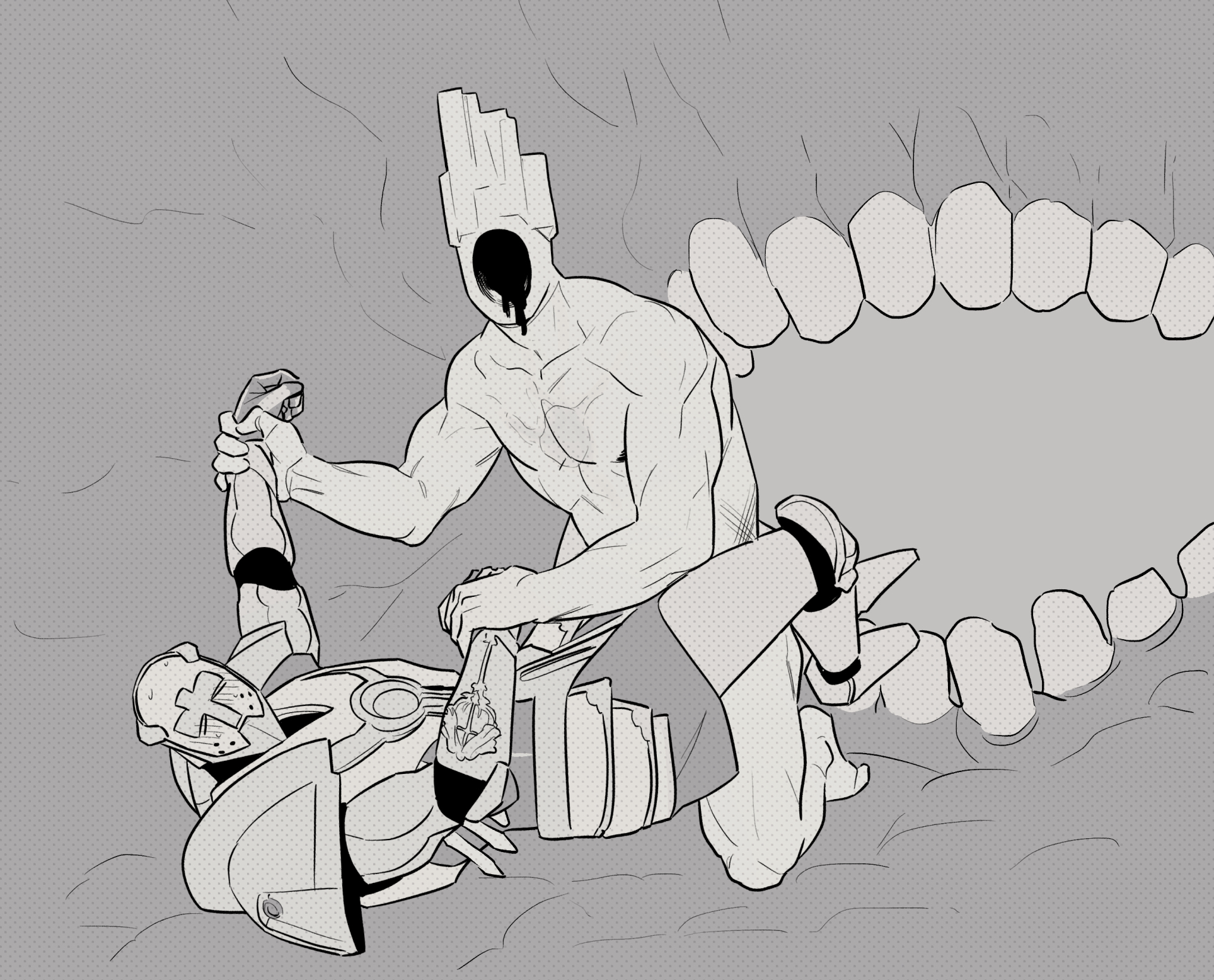 faceless character, faceless male, francishsie, gabriel (ultrakill), gay, hand on wrist, looking at viewer, male, male only, minos prime (ultrakill), prime soul, ultrakill, wrestling