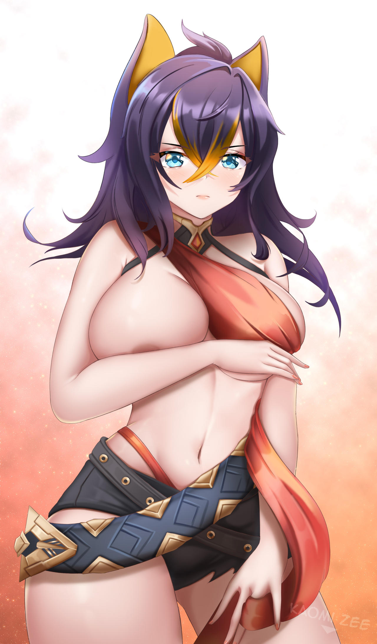 1girls, animal ears, blue eyes, breasts, covering breasts, dehya (genshin impact), female, female focus, female only, genshin impact, hi res, kaomizee, large breasts, light skin, light-skinned female, midriff, navel, nipple slip, pale skin, pale-skinned female, purple hair, shorts, streaked hair