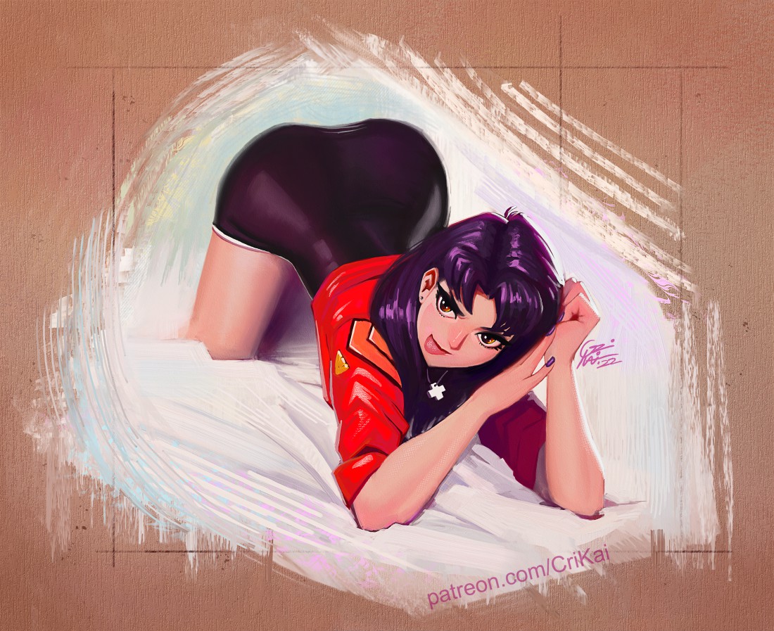 1girls, alternate version available, ass, ass up, bent over, big ass, brown eyes, clothing, crimson kaiserin, dress, female, female only, fully clothed, jacket, mature, mature female, milf, misato katsuragi, necklace, neon genesis evangelion, outfit, purple hair, red jacket, solo, solo female, thick thighs, thighs, tongue, tongue out, topwear