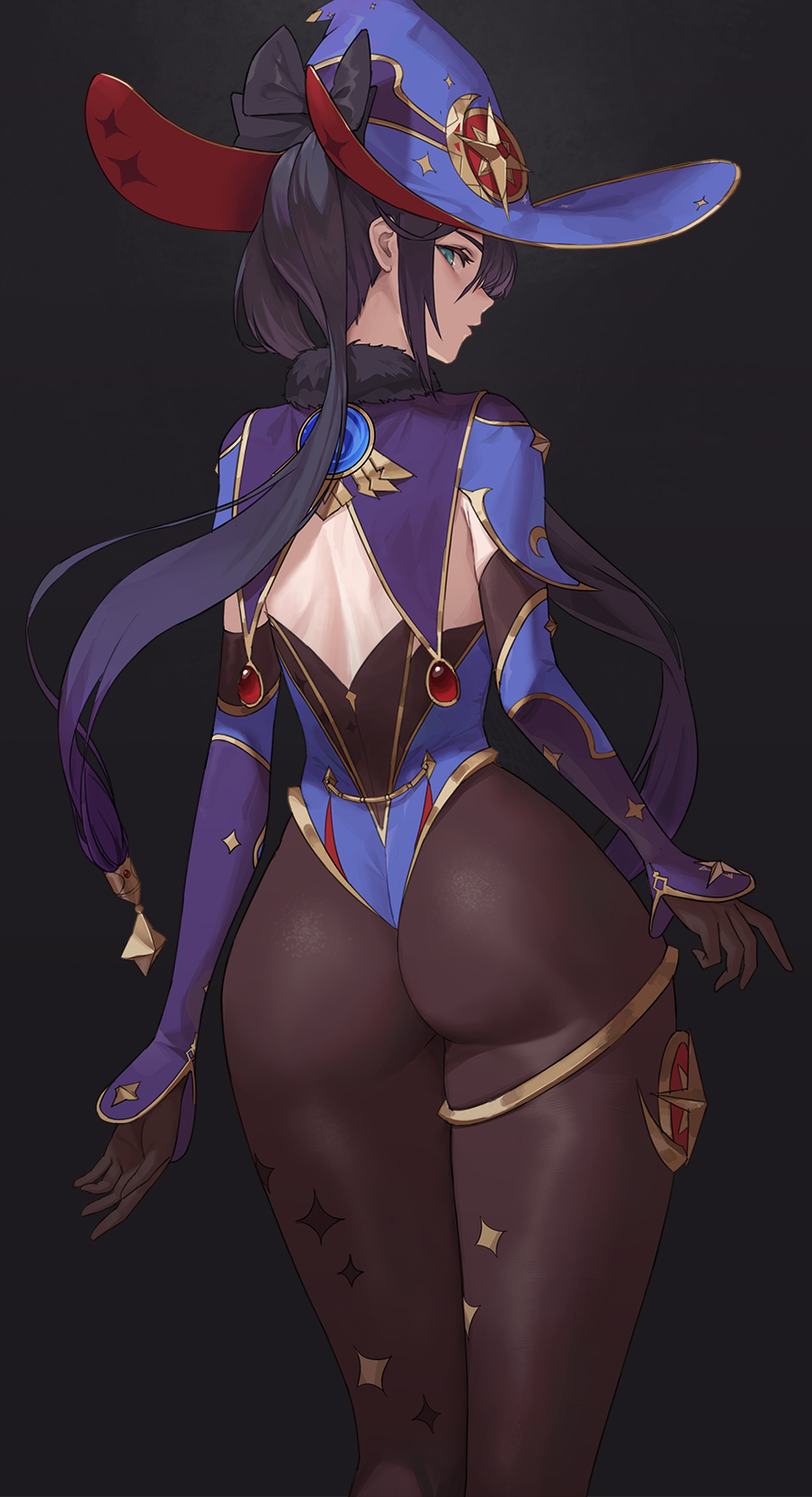 1girls, ass, ass focus, back view, big ass, big butt, blue eyes, clothing, female, from behind, genshin impact, hi res, hips, kou (kokounene), leotard, looking back, mihoyo, mona (genshin impact), purple hair, sorceress, thin waist, twintails, wide hips, witch hat