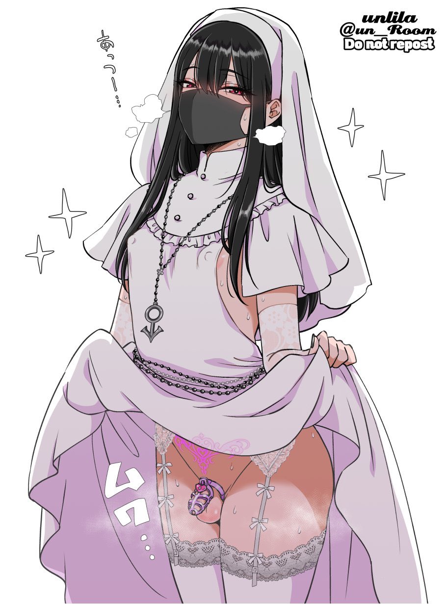 1boy 2022 aida_(nagano_rira) areola_slip areolae artist_name black_hair black_nails chastity chastity_cage clothing crossdressing detached_sleeves dress dress_lift erect_nipples erect_nipples_under_clothes eyebrows_visible_through_hair eyes_visible_through_hair face_mask femboy flaccid frills garter_straps hair_between_eyes half-closed_eyes heart heart_tattoo heavy_breathing highres japanese_text jewelry lifted_by_self long_hair looking_at_viewer male male_nun male_only mars_symbol mask nagano_rira nail_polish necklace nun nun's_habit original penis pubic_tattoo red_eyes seductive simple_background smell solo sound_effects sparkle standing sweat tattoo testicles text thick_thighs thighhighs thighs translated trap twitter_username unlila watermark white_background white_dress wide_hips