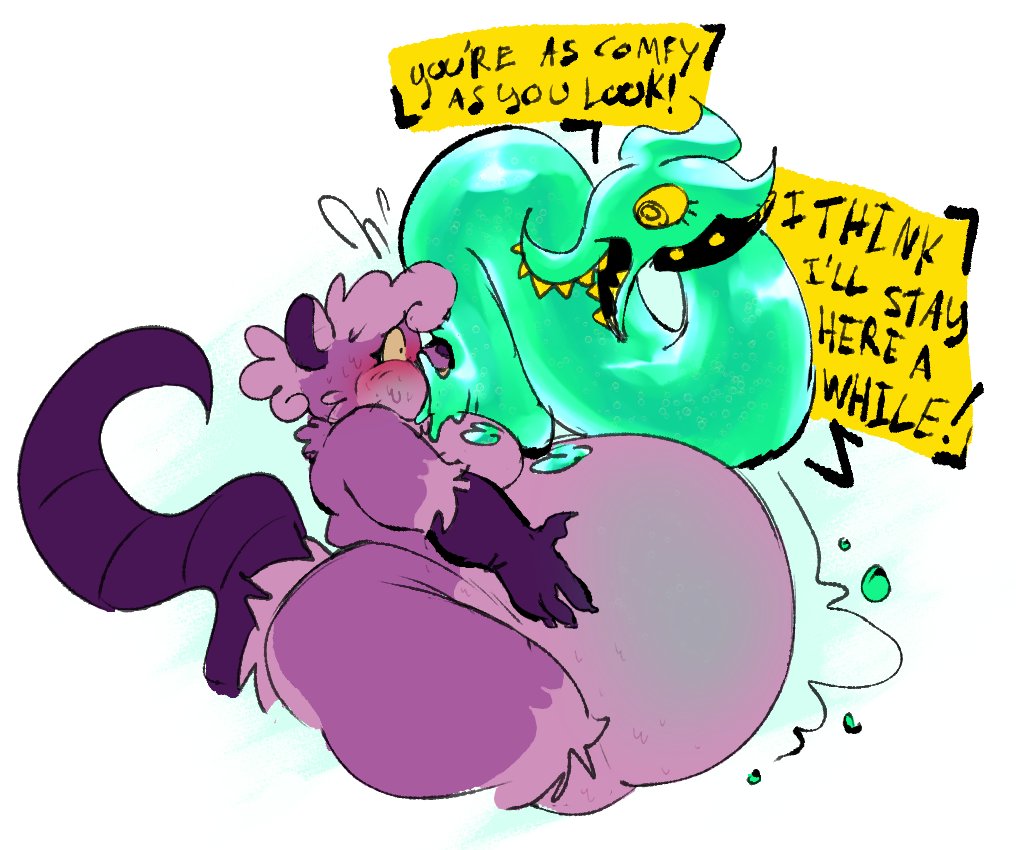 4_fingers anthro belly belly_bigger_than_head big_belly blush body_invasion forced forced_vore furry furry_only holding_belly kafrizzzle no_humans slime slime_inflation thiggy_(kafrizzzle) unwilling_pred vore