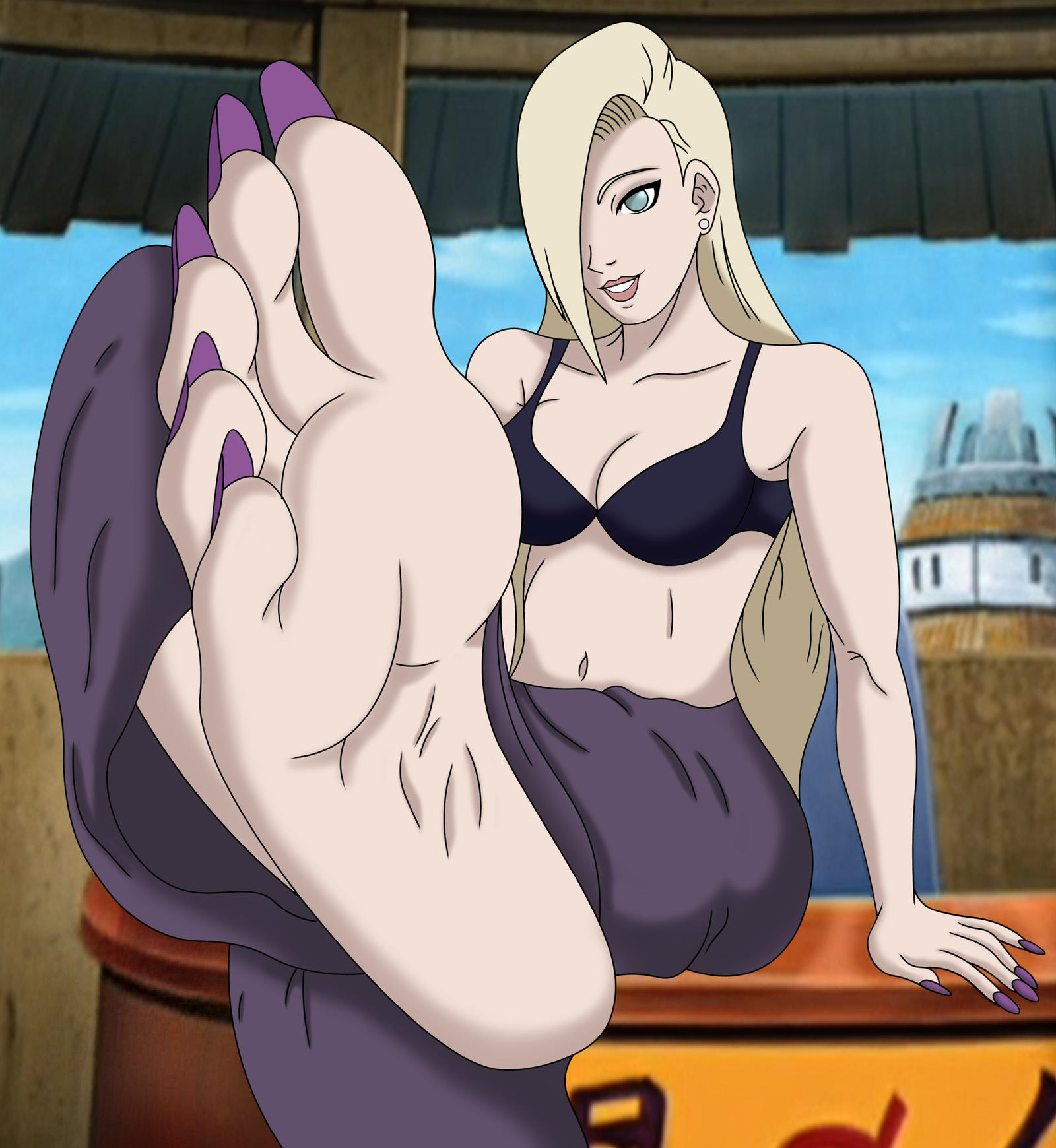 1girls, barefoot, bent knees, big breasts, blonde female, blonde hair, blue eyes, bra, breasts, clothing, crossed legs, desk, earrings, feet, feet up, female, female only, foot fetish, foot focus, hokage office, indoors, ino yamanaka, legs up, light skin, light-skinned female, lingerie, long fingernails, long hair, long nails, long toenails, looking at viewer, makeup, nail polish, naruto, naruto (series), naruto shippuden, naruto: the last, no shoes, office, on desk, orangethunder2, pale skin, pale soles, pale-skinned female, purple nail polish, purple nails, purple toenails, sitting, sitting on desk, smile, smiling, smiling at viewer, soles, solo, toenail polish, toes