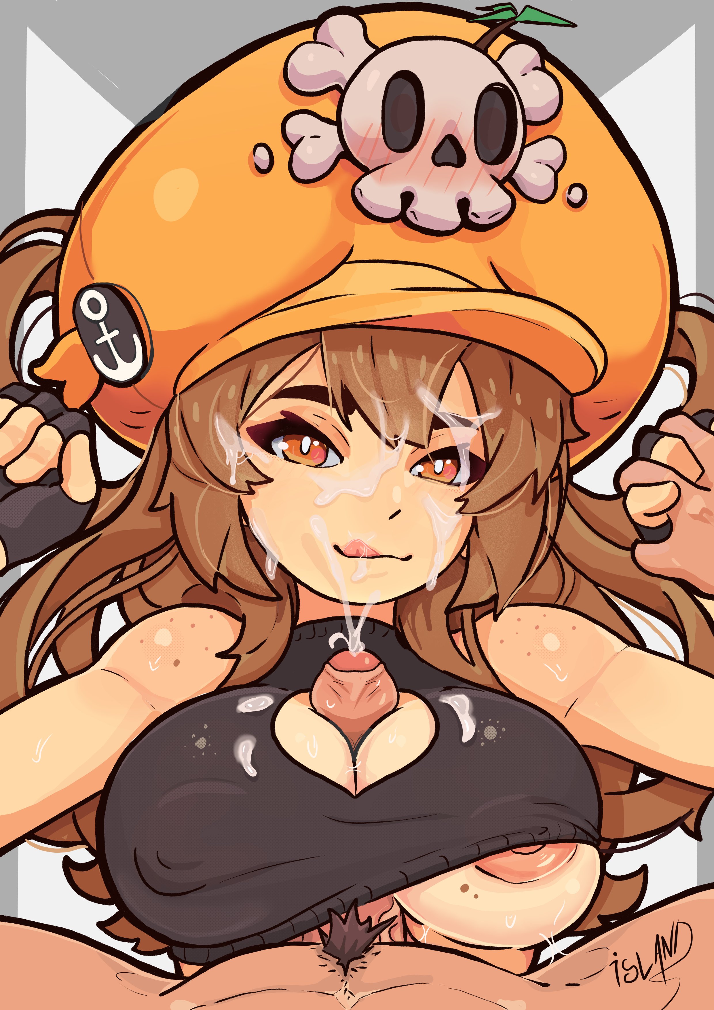 big hat, breasts, cum, cum on breasts, cum on face, female, guilty gear, guilty gear strive, hand holding, island nsfw, licking lips, may (guilty gear), paizuri