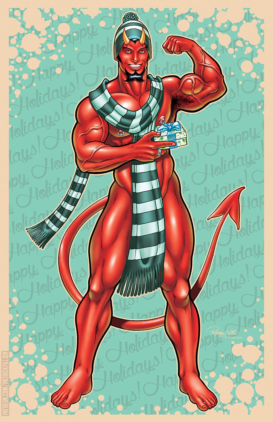 1boy bruno_ragetti christmas class_comics demon demon_horns demon_tail diablo_(class_comics) facial_hair horns male male_focus male_only muscular muscular_male patrick_fillion pierced_nipples red_skin scarf solo solo_male tail veiny_muscles