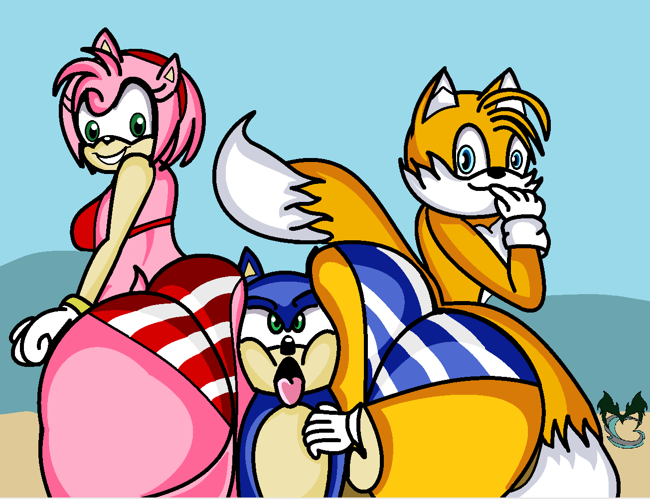 ahe_gao amy_rose beach big_ass bikini bisexual crossdressing femboy masterghostunlimited(artist) pressing_asses_together smile sonic_(series) sonic_the_hedgehog sonic_the_hedgehog_(series) squeezing tagme tails uwu