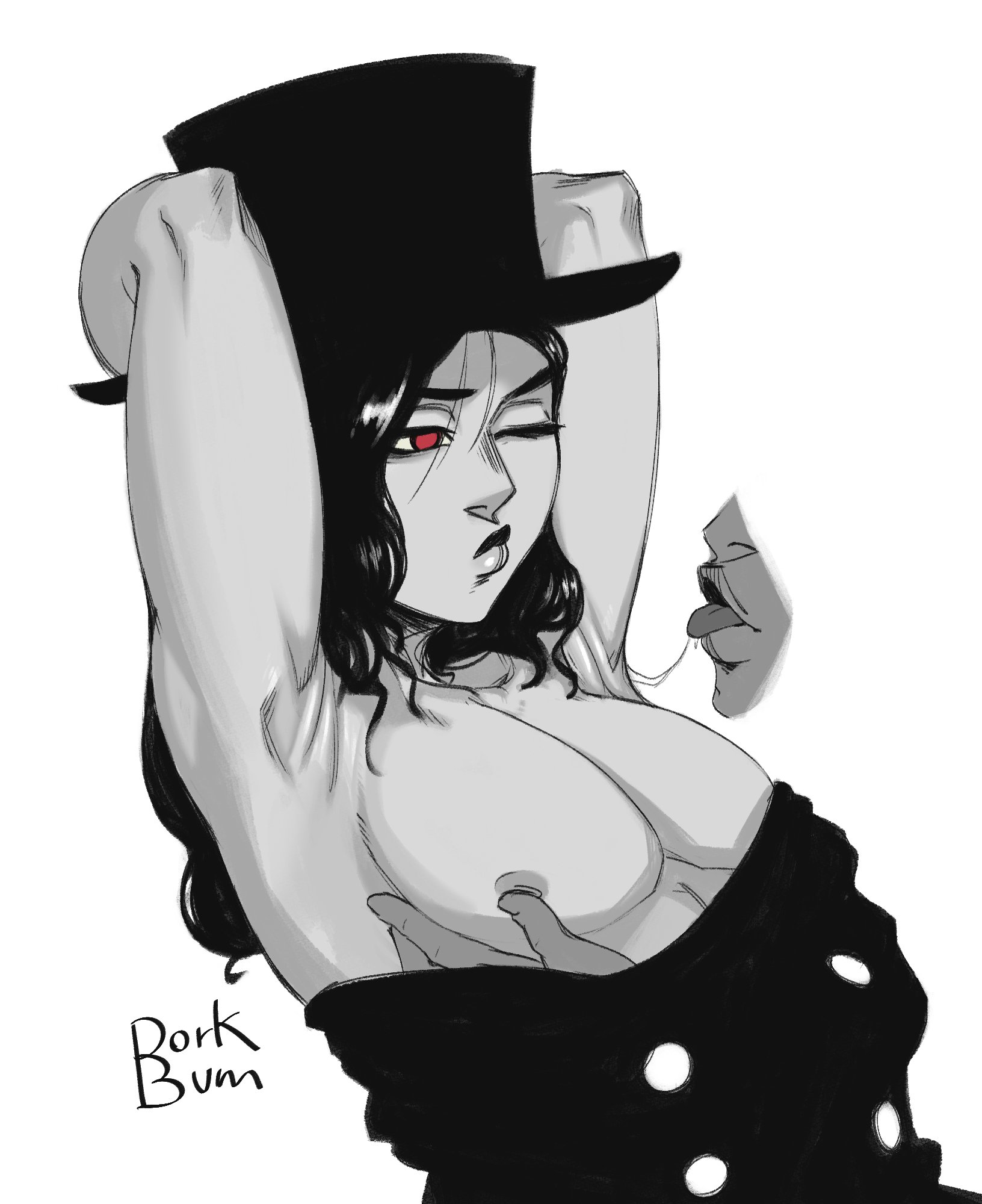 androgynous, armpits, black hair, disembodied face, dorkbum, drool string, feminine, guilty gear, hands behind head, hat, licking armpit, red eyes, rubbing nipples, testament (guilty gear), undressing