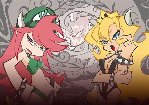 2girls, artist request, bare arms, bare legs, bare shoulders, bare thighs, belly button, bikini, bikini bottom, bikini top, black swimsuit, blonde hair, blue eyes, bowsette, bowsette (concept), bracelets, choker, cleavage, collar, crown, female, female only, green bikini, green bikini bottom, green bikini top, green hat, hat, horned humanoid, horns, long blonde hair, long red hair, mario (series), midriff, navel, new super mario bros. u deluxe, one piece swimsuit, panty & stocking with garterbelt, pink eyes, princess peach, red hair, spiked bracelet, spiked choker, spiked collar, spiked tail, super crown, super mario odyssey, swimsuit, tail, thighs