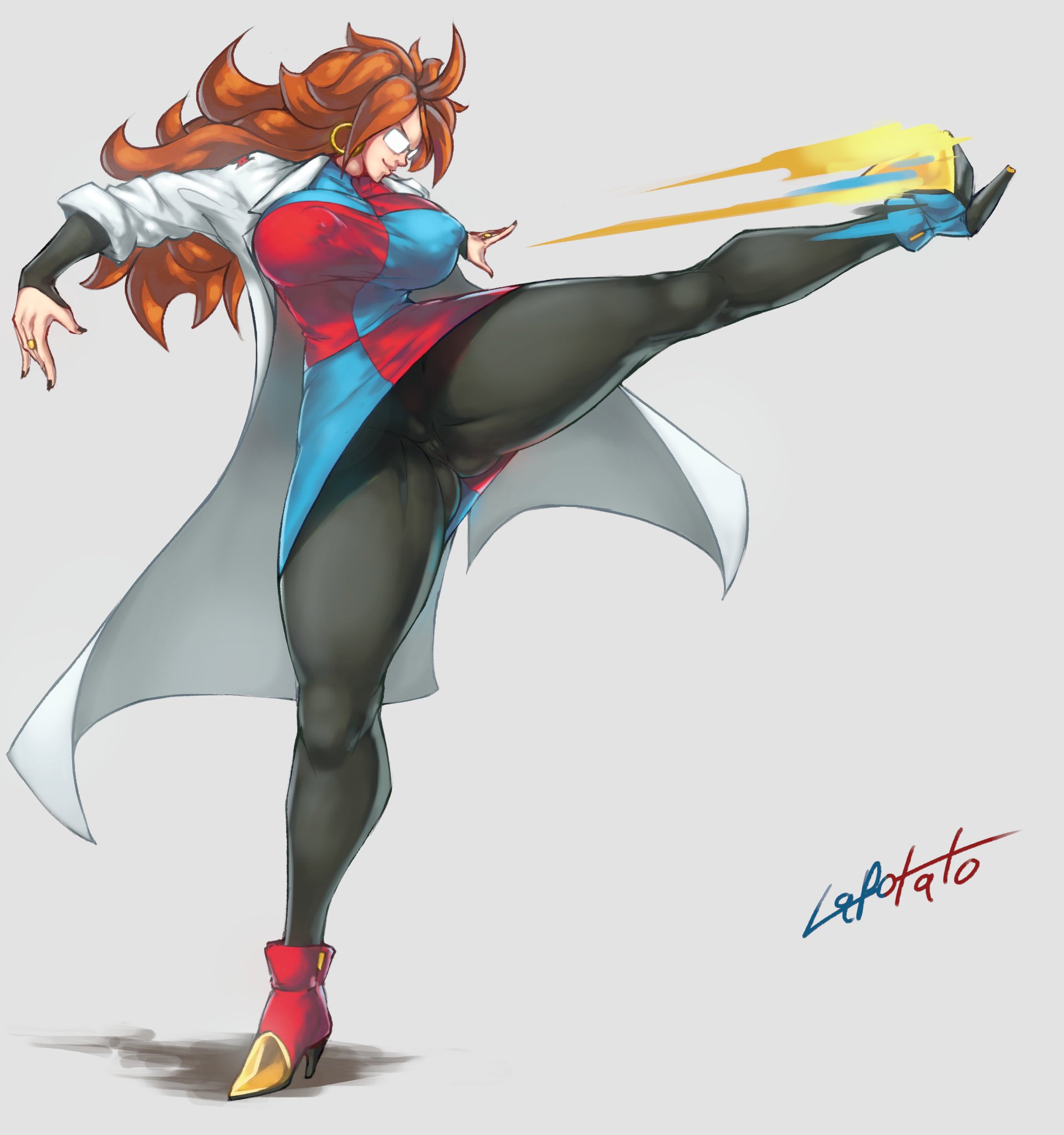 1girls, android 21, android 21 (human), ass, big ass, big breasts, big butt, breasts, brown hair, camel toe, cameltoe, dragon ball, dragon ball fighterz, dragon ball super, dragon ball z, earrings, female, female focus, female only, glasses, heels, high heels, huge breasts, kicking, labcoat, lapotato8, large breasts, leggings, long hair, minidress, miniskirt, nipple bulge, nipples, nipples visible through clothing, pattern clothing, pussy, pussy visible through clothes, raised leg, shounen jump, skirt, solo, solo female, solo focus, thick ass, thick thighs, tight clothing, tights