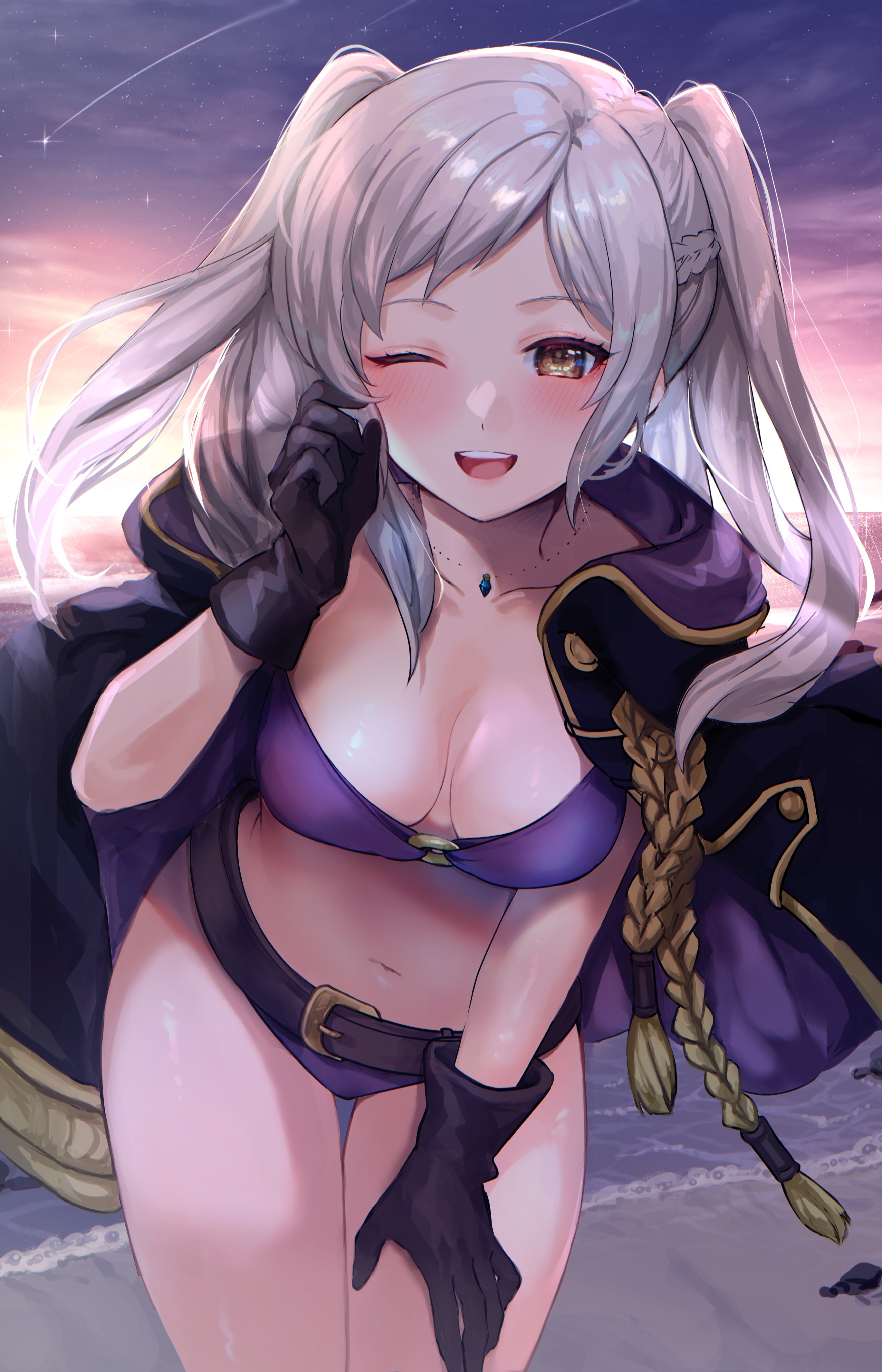 ;d, 1girls, absurdres, alternate costume, asada sadao, bangs, beach, belt, belt buckle, bikini, black gloves, blush, breasts, brown belt, brown eyes, buckle, cleavage, cloak, coat, collarbone, commentary request, female, fire emblem, fire emblem awakening, fire emblem heroes, gloves, highres, hood, hood down, hooded cloak, jewelry, long hair, looking at viewer, medium breasts, navel, nintendo, o-ring, o-ring bikini, ocean, official alternate costume, one eye closed, open mouth, outdoors, purple bikini, purple swimsuit, robin (fire emblem), robin (fire emblem) (female), sand, smile, solo, sunset, swept bangs, swimsuit, teeth, twintails, upper teeth, water, white hair