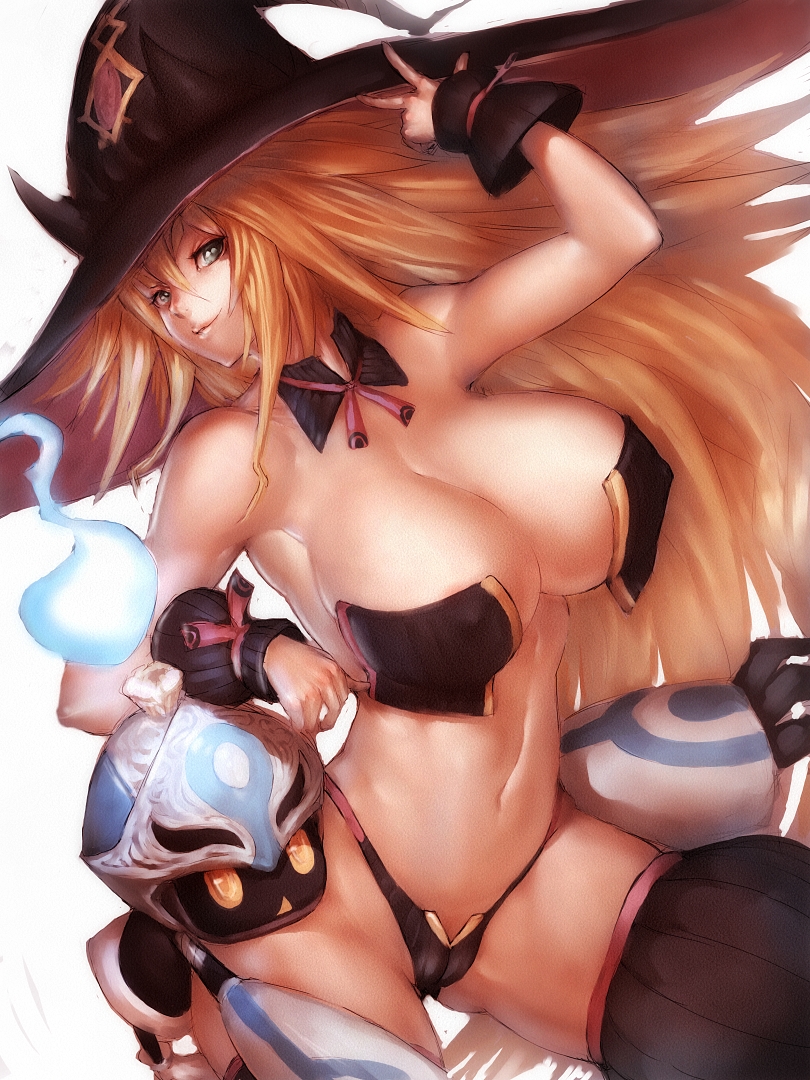 breasts fumio_(rsqkr) hundred_knight large_breasts metallia nippon_ichi_software skimpy_clothes the_witch_and_the_hundred_knight thighhighs thighs witch_hat