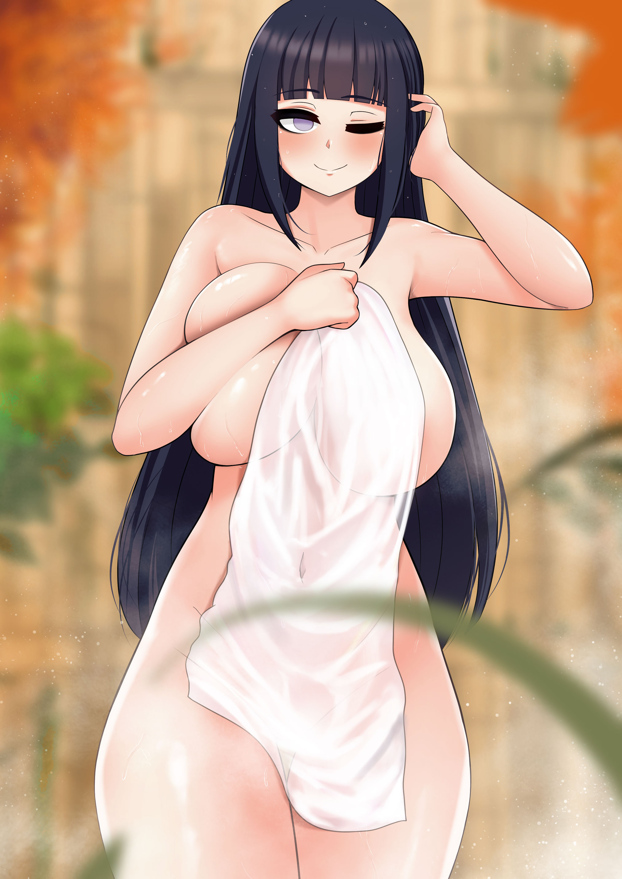 1girls, alternate hair length, alternate hairstyle, alternate version available, big breasts, blush, breasts, female, female only, functionally nude, functionally nude female, hot spring, huge breasts, hyuuga hinata, long hair, mature, mature female, milf, mother, naruto, naruto (series), naruto shippuden, purple eyes, purple hair, smile, solo, solo female, the only shoe, thick thighs, thighs, towel, towel only