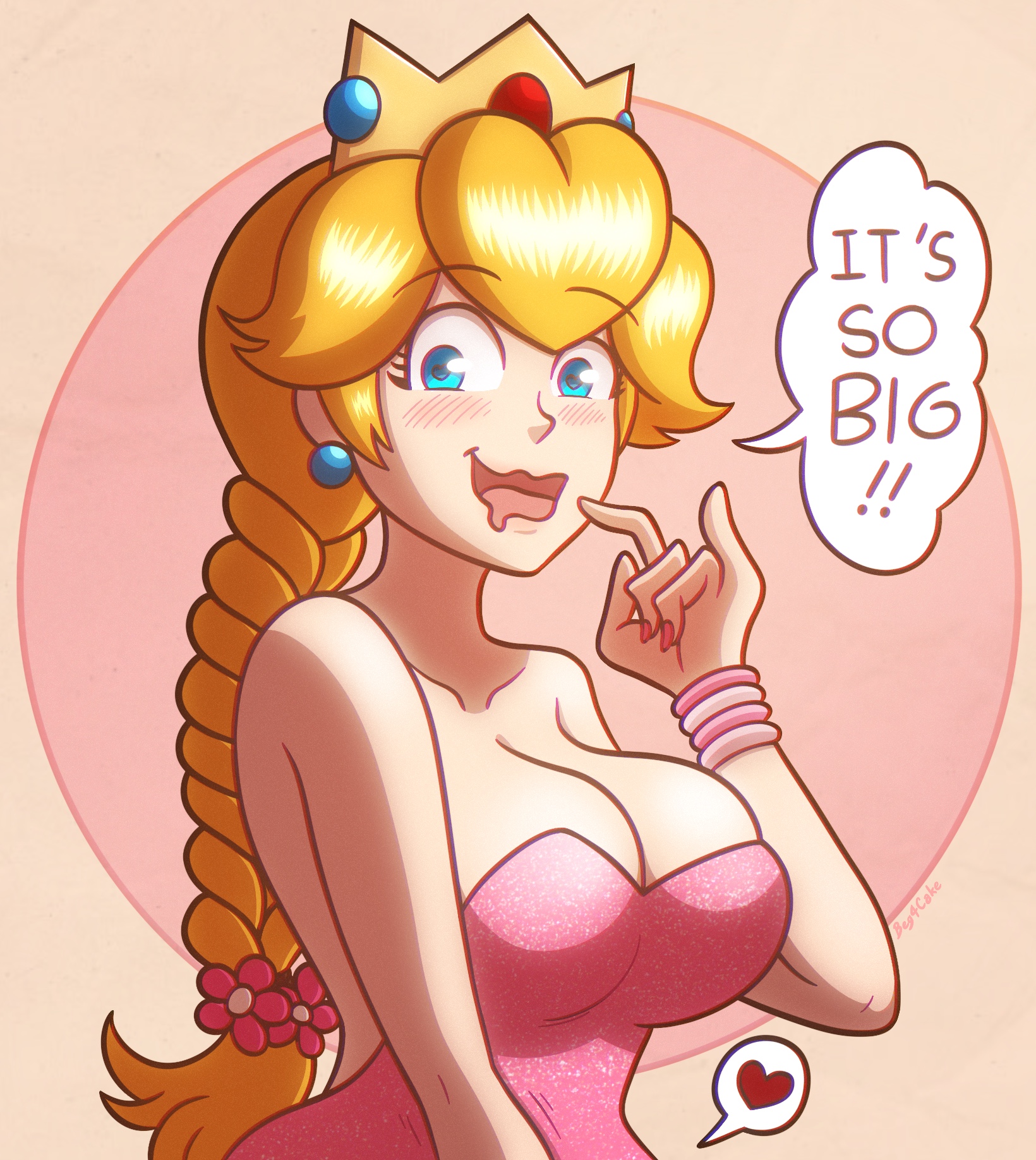 beg4cake, big breasts, blonde hair, blue eyes, blush, braided hair, braided ponytail, breasts, cleavage, crown, dialogue, english text, female, mario (series), nintendo, open mouth, pink dress, princess peach, smile, speech bubble, text