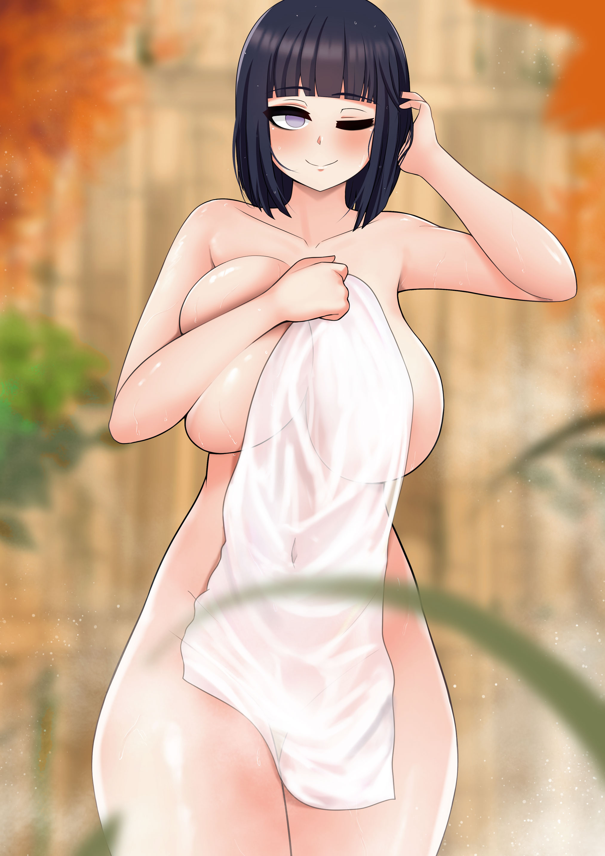 1girls, alternate hair length, alternate hairstyle, alternate version available, big breasts, blush, boruto: naruto next generations, breasts, female, female only, functionally nude, functionally nude female, hot spring, huge breasts, hyuuga hinata, mature, mature female, milf, mother, naruto, naruto (series), purple eyes, purple hair, short hair, smile, solo, solo female, the only shoe, thick thighs, thighs, towel, uzumaki hinata