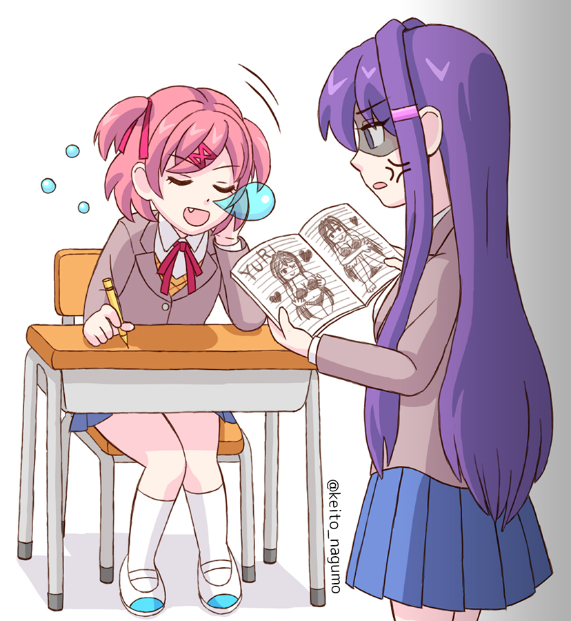 blue_skirt cleavage desk doki_doki_literature_club drawing_in_a_drawing female female_only heart keito_nagumo multiple_girls natsuki_(doki_doki_literature_club) notebook pink_hair purple_hair shoes skirt text yuri_(doki_doki_literature_club)